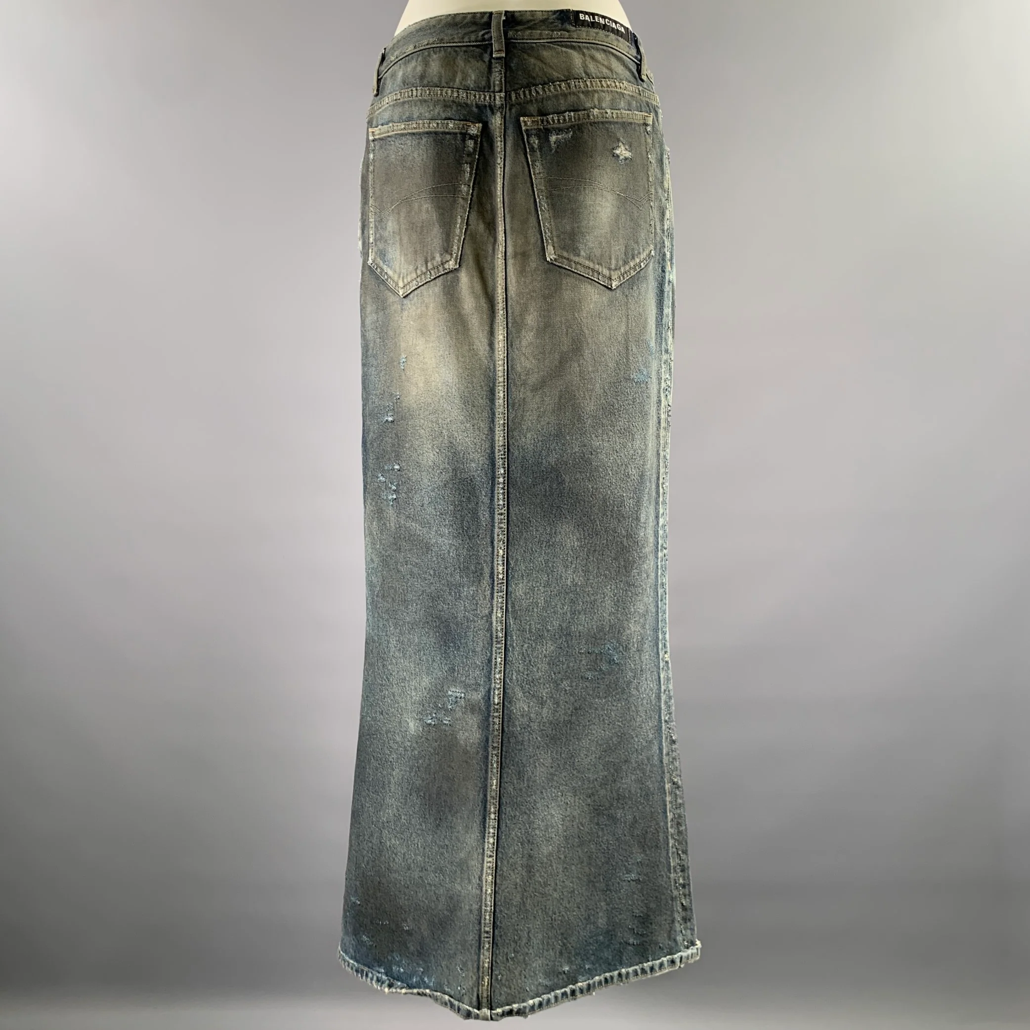 BALENCIAGA Size 2 Blue Mud Wash Cotton Denim Maxi Skirt - Image 5