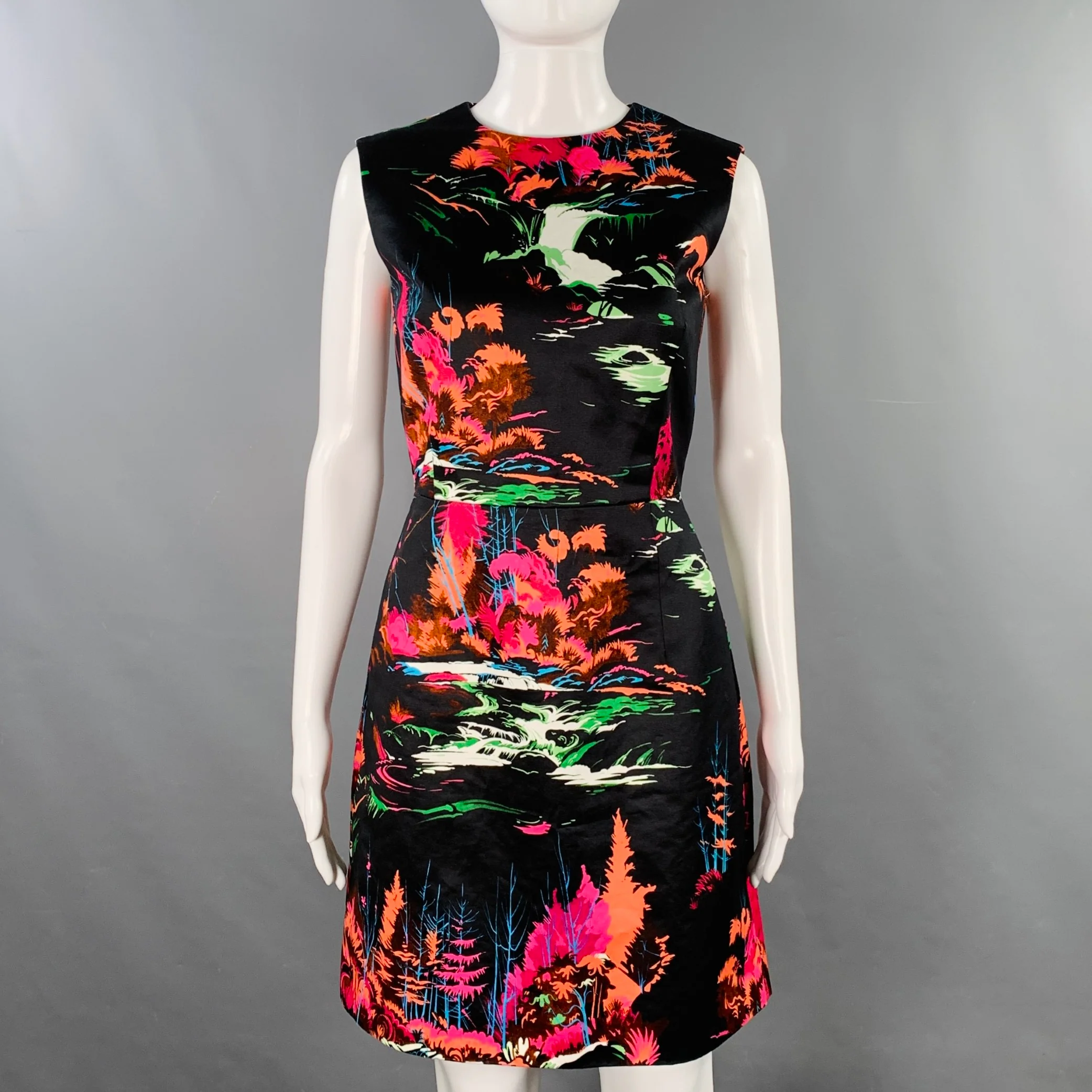 BALENCIAGA Size 4 Black Multi Color Cotton Floral Sleeveless Cocktail Dress