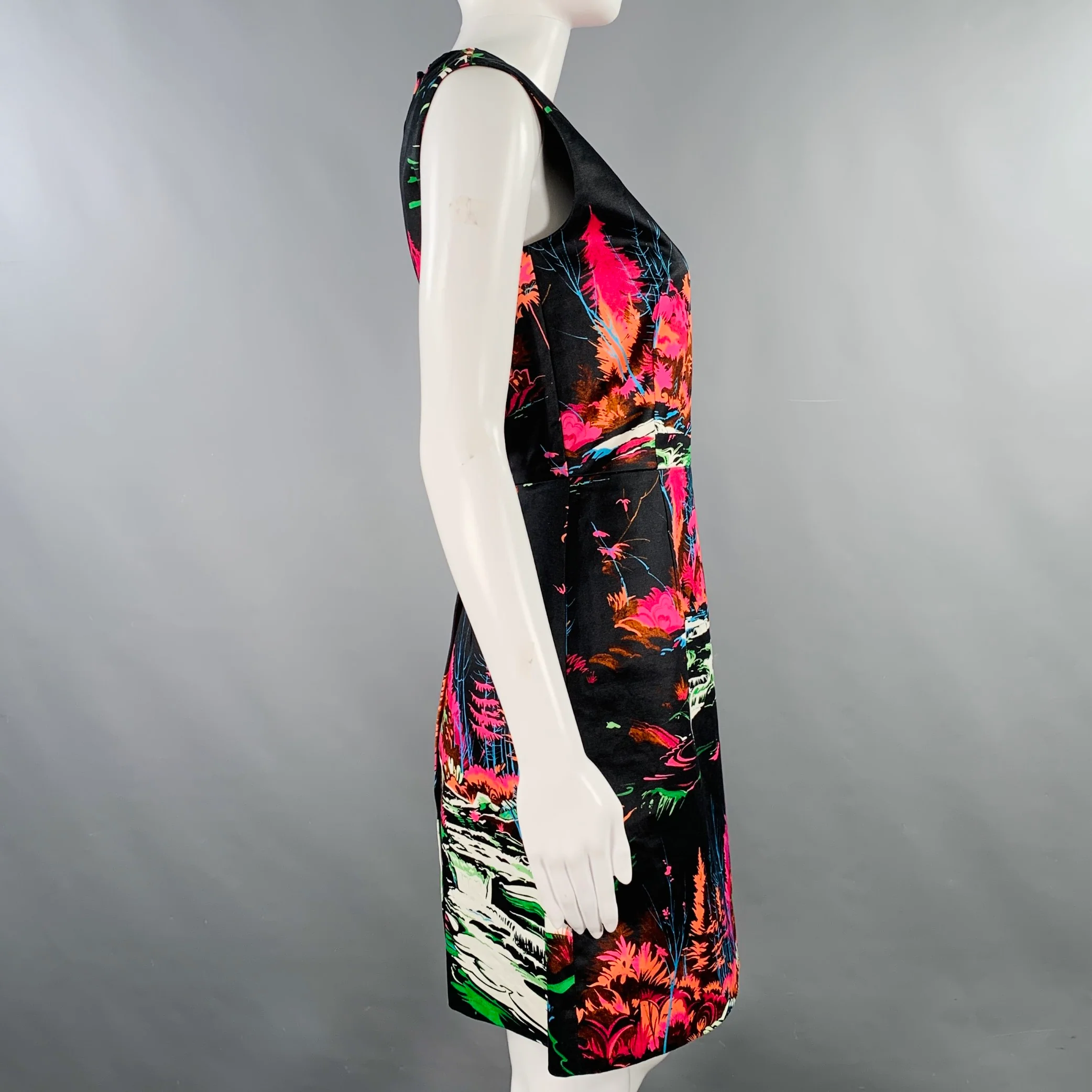 BALENCIAGA Size 4 Black Multi Color Cotton Floral Sleeveless Cocktail Dress - Image 3