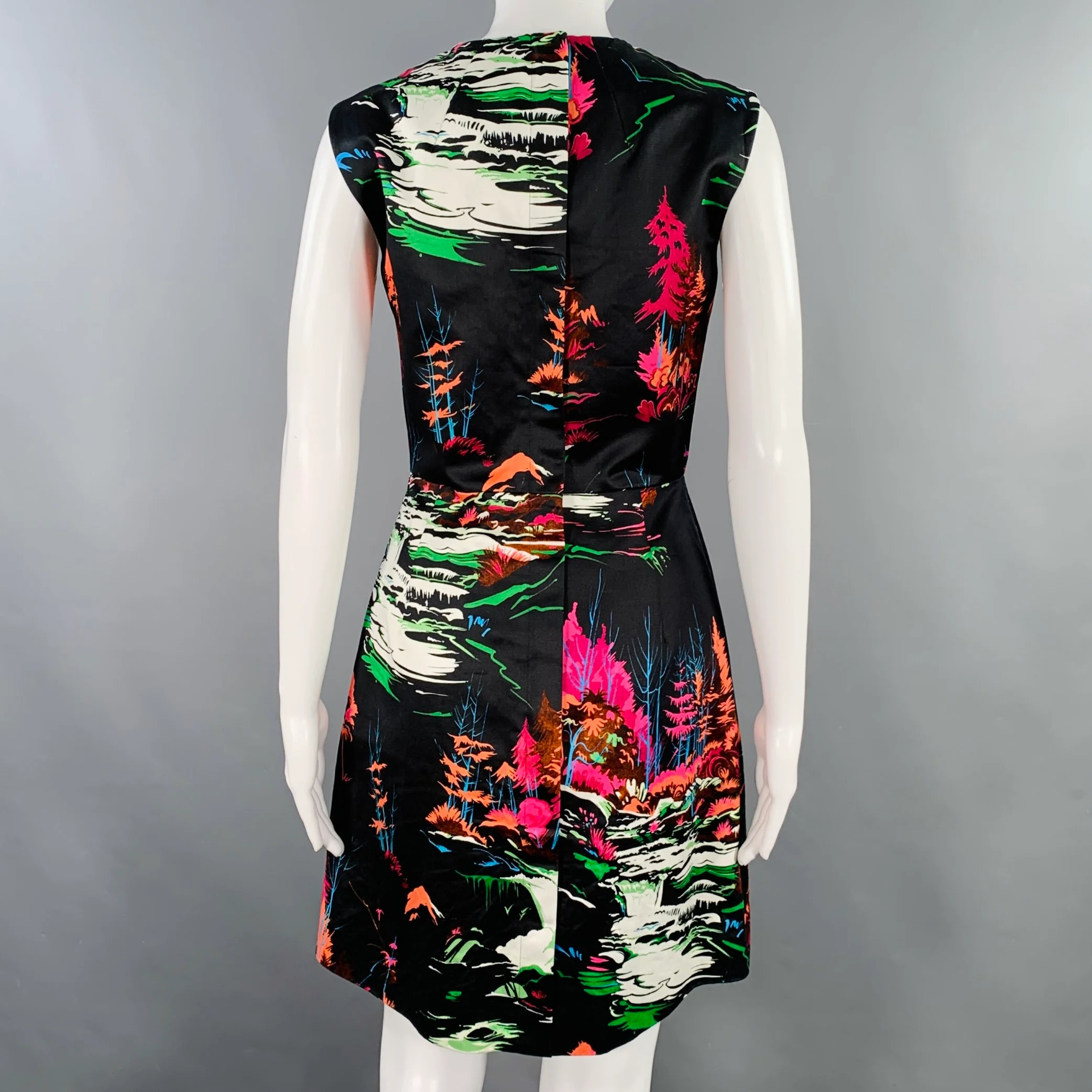BALENCIAGA Size 4 Black Multi Color Cotton Floral Sleeveless Cocktail Dress - Image 4