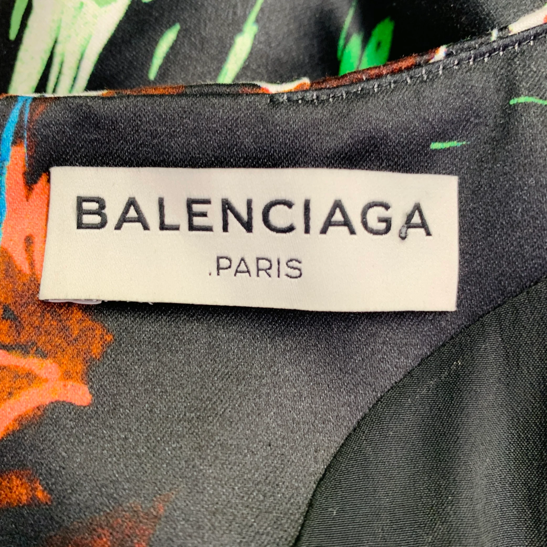 BALENCIAGA Size 4 Black Multi Color Cotton Floral Sleeveless Cocktail Dress - Image 5