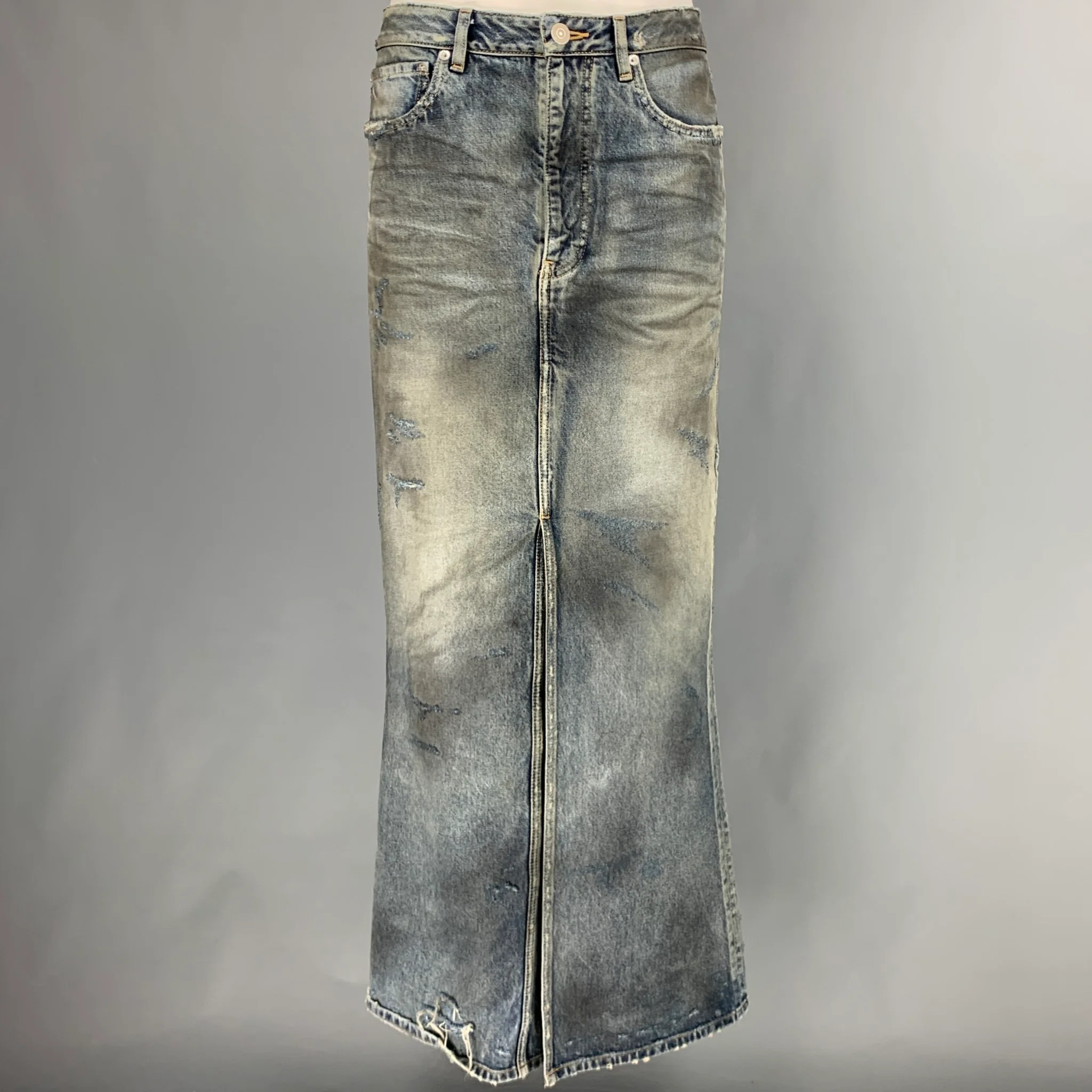 BALENCIAGA Size 6 Blue Grey Cotton Distressed Pencil Long Skirt