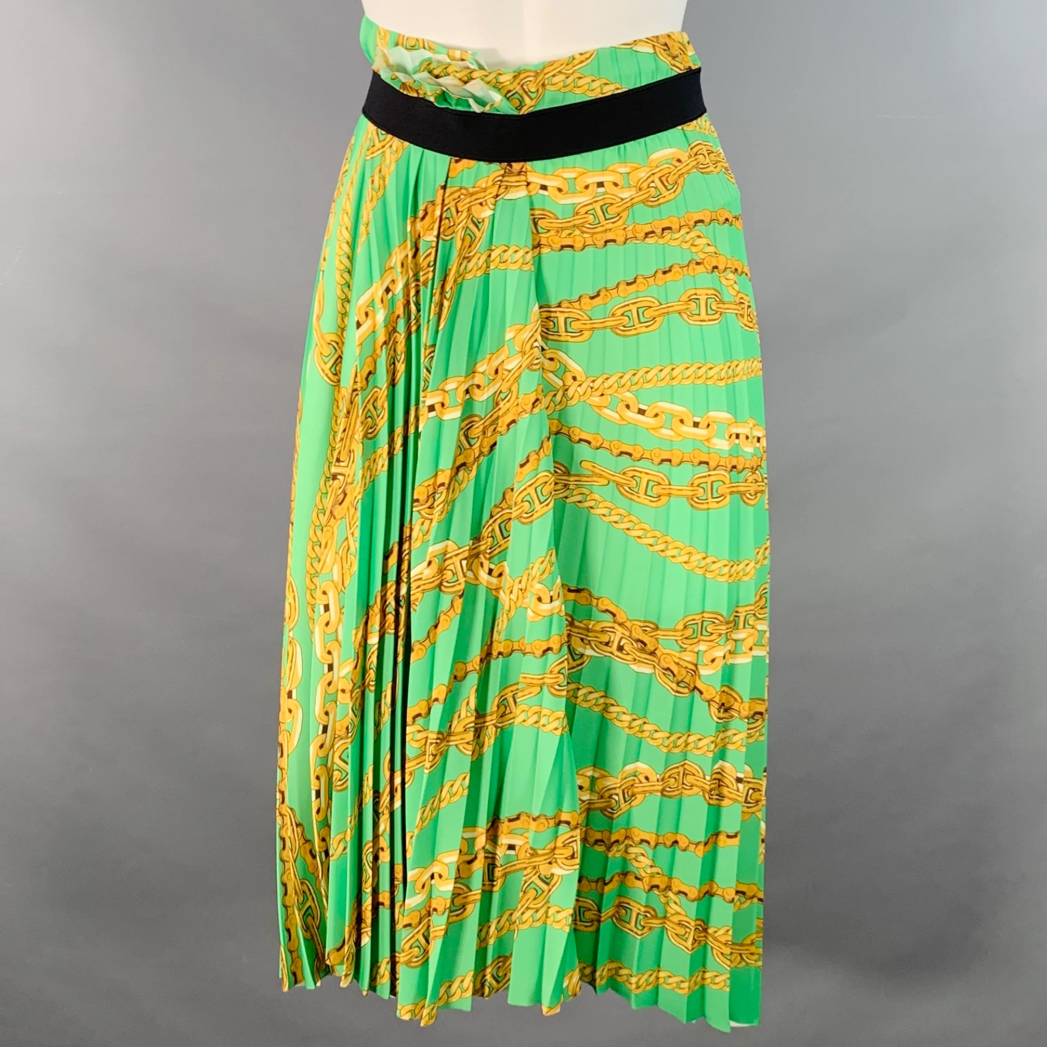 BALENCIAGA Size 6 Green Gold Polyester Chain Pleated Midi Skirt