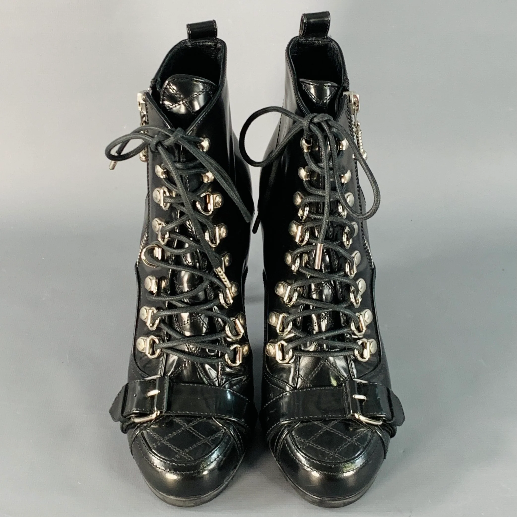 BALENCIAGA Size 7 Black Patent Leather Lace-Up Zipper Stiletto Boots - Image 4