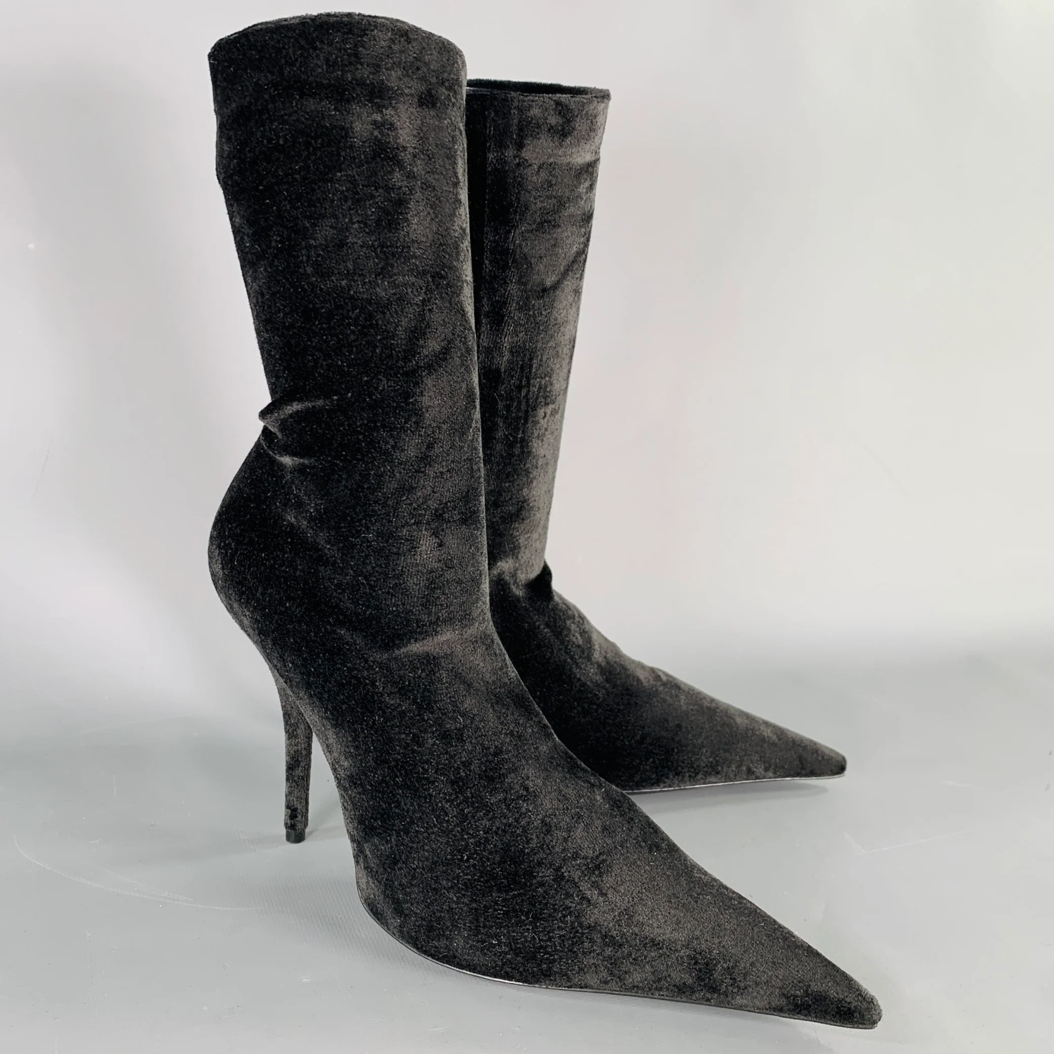 BALENCIAGA Size 7 Knife Black Velvet Pointed Toe Boots