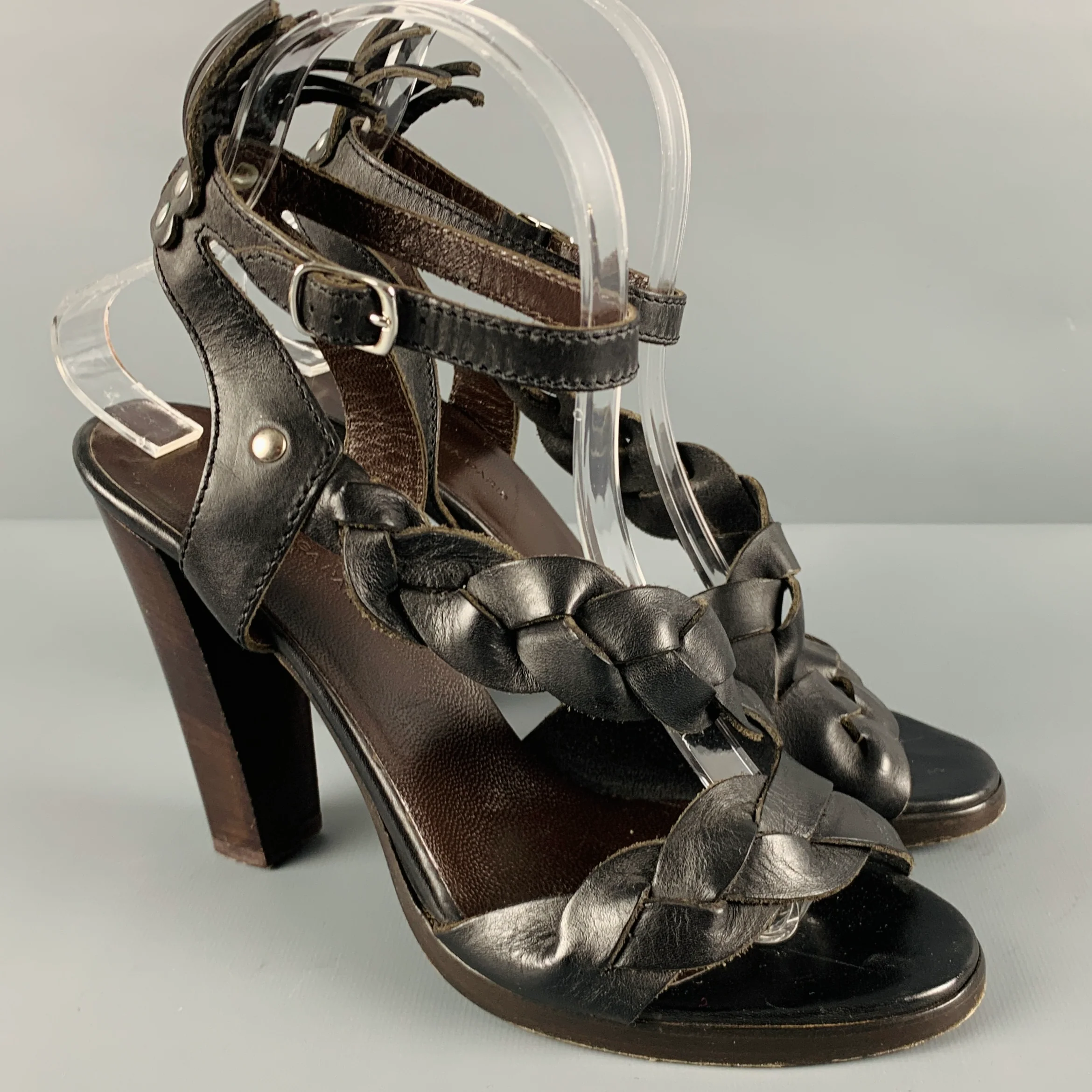 BALENCIAGA Size 8 Black Brown Leather Braided Chunky Heel Sandals