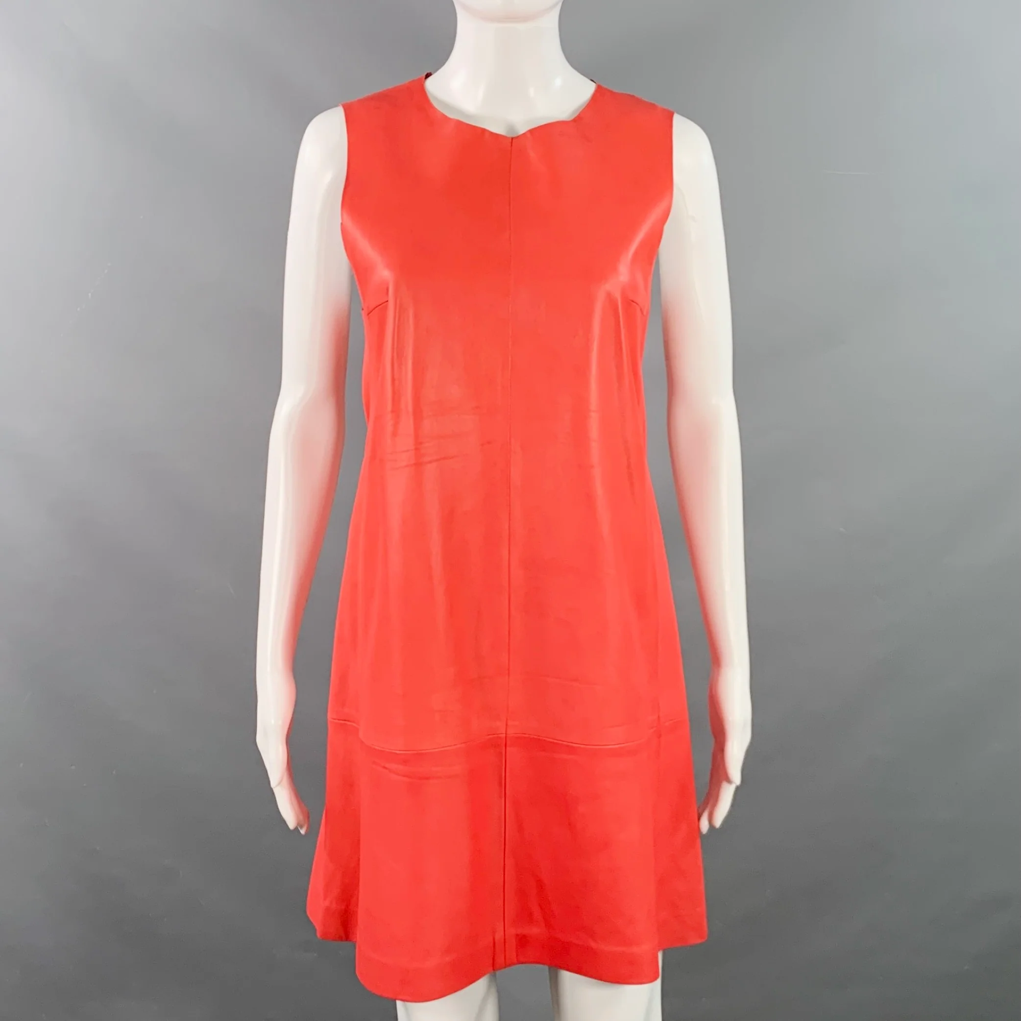 BALENCIAGA Size 8 Red Coral Lambskin Leather Sleeveless Shift Dress