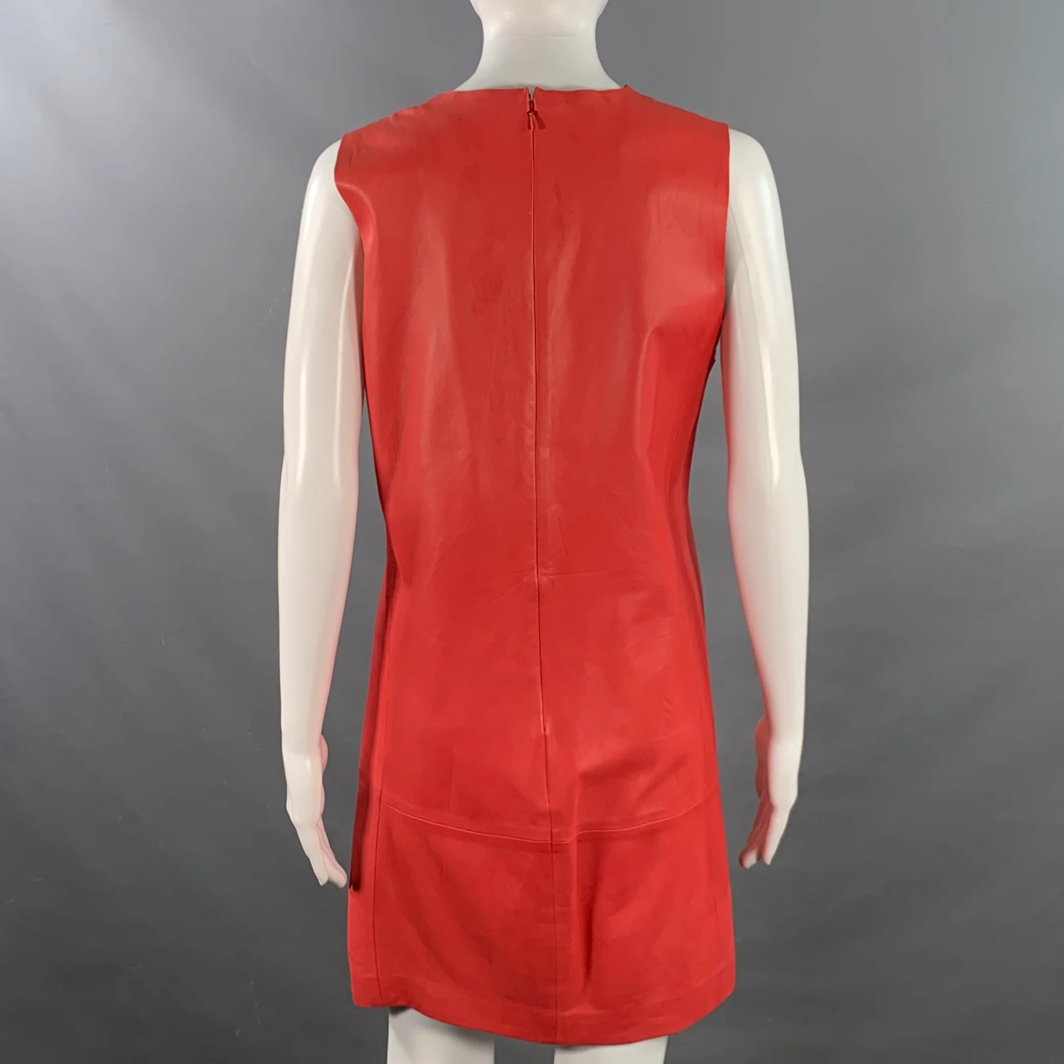 BALENCIAGA Size 8 Red Coral Lambskin Leather Sleeveless Shift Dress - Image 3