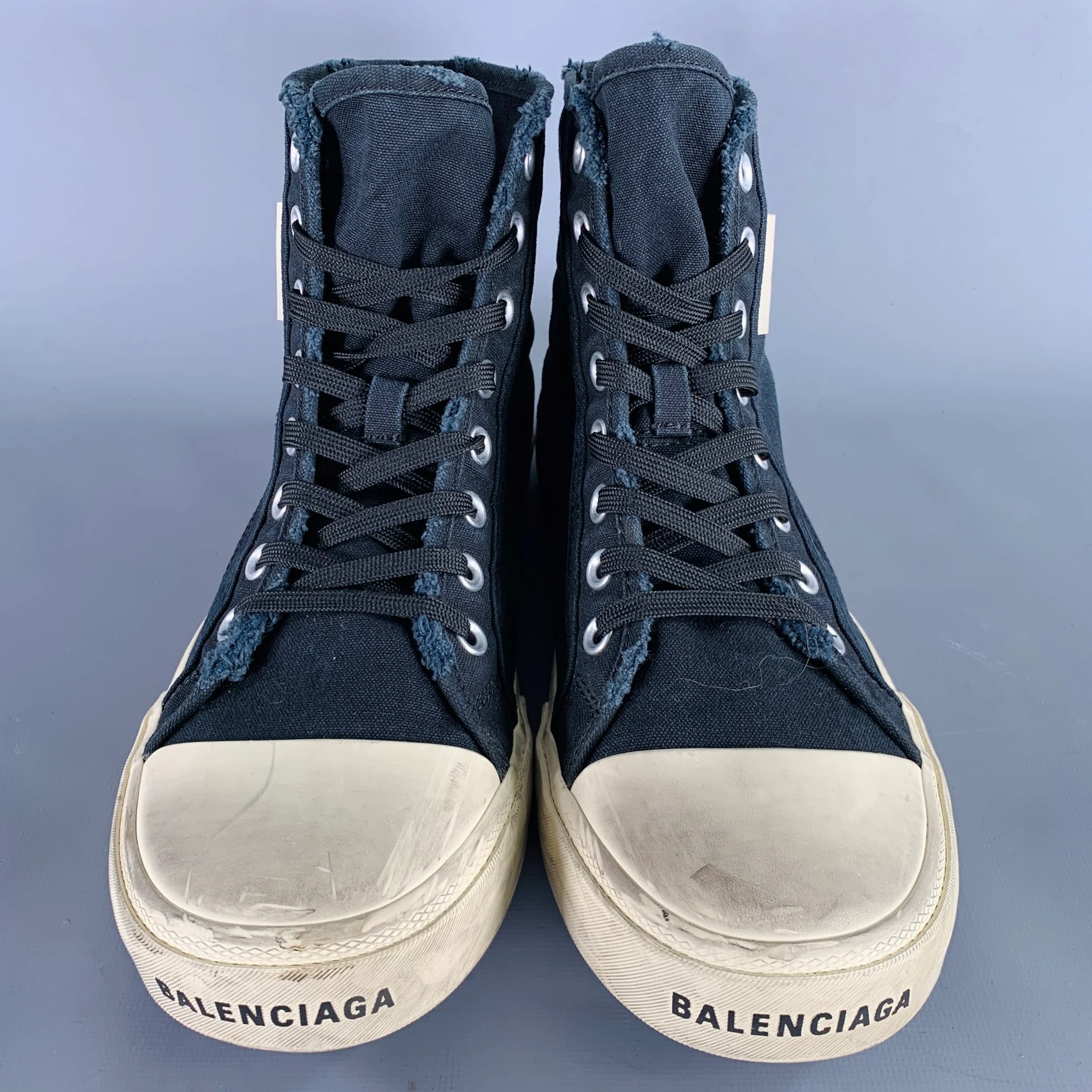 BALENCIAGA Size 9 -Paris High Top- Black White Distressed Canvas Sneakers - Image 4