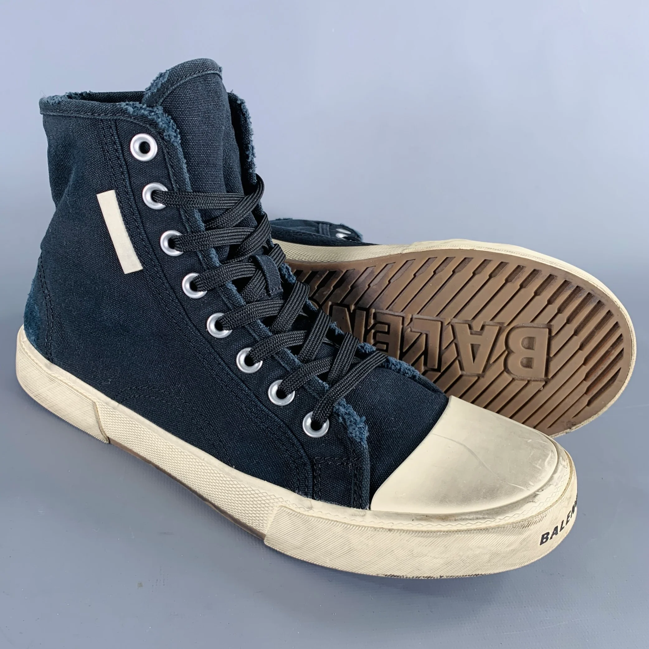 BALENCIAGA Size 9 -Paris High Top- Black White Distressed Canvas Sneakers - Image 5