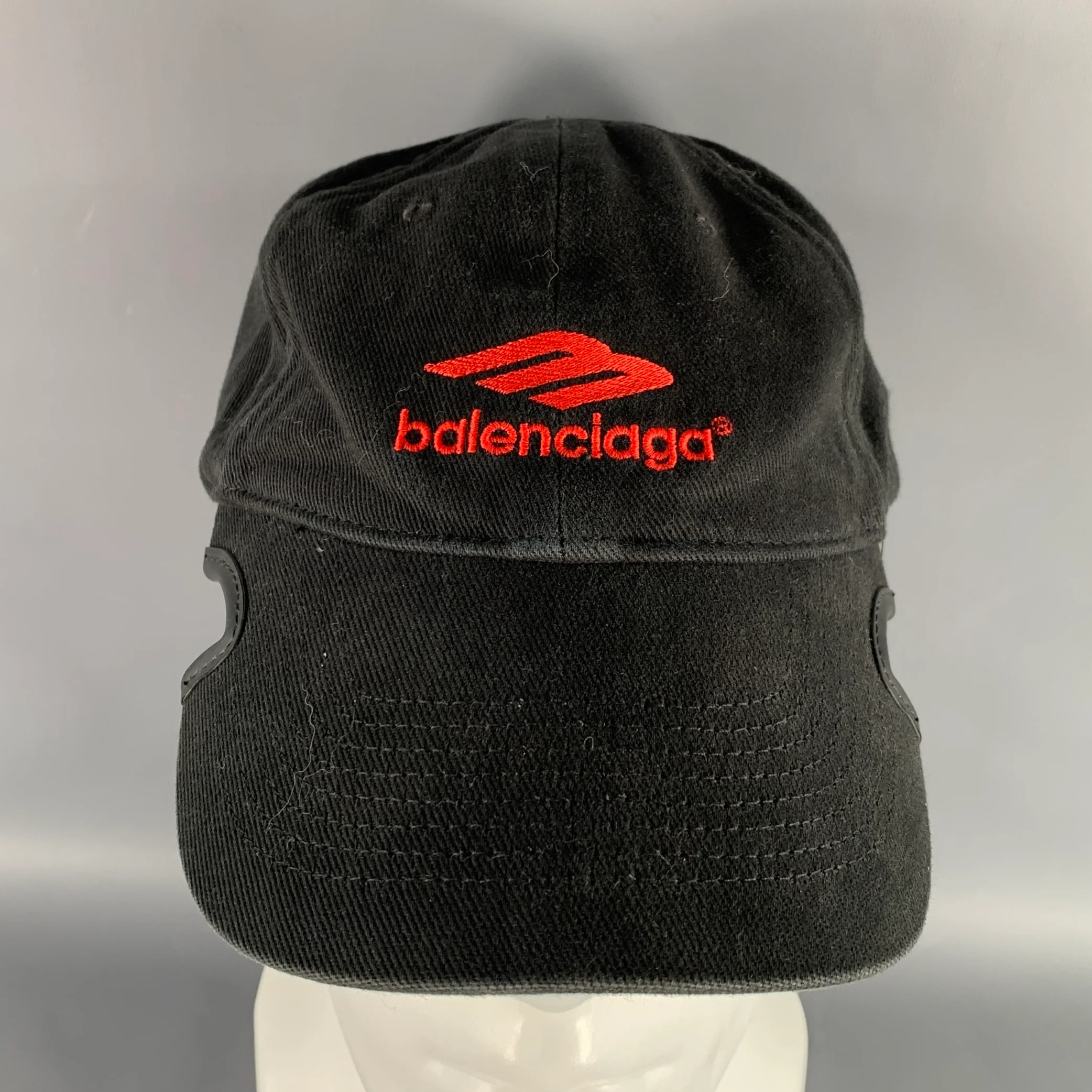 BALENCIAGA Size L Black Red Logo Cotton Baseball Cap Hat - Image 3
