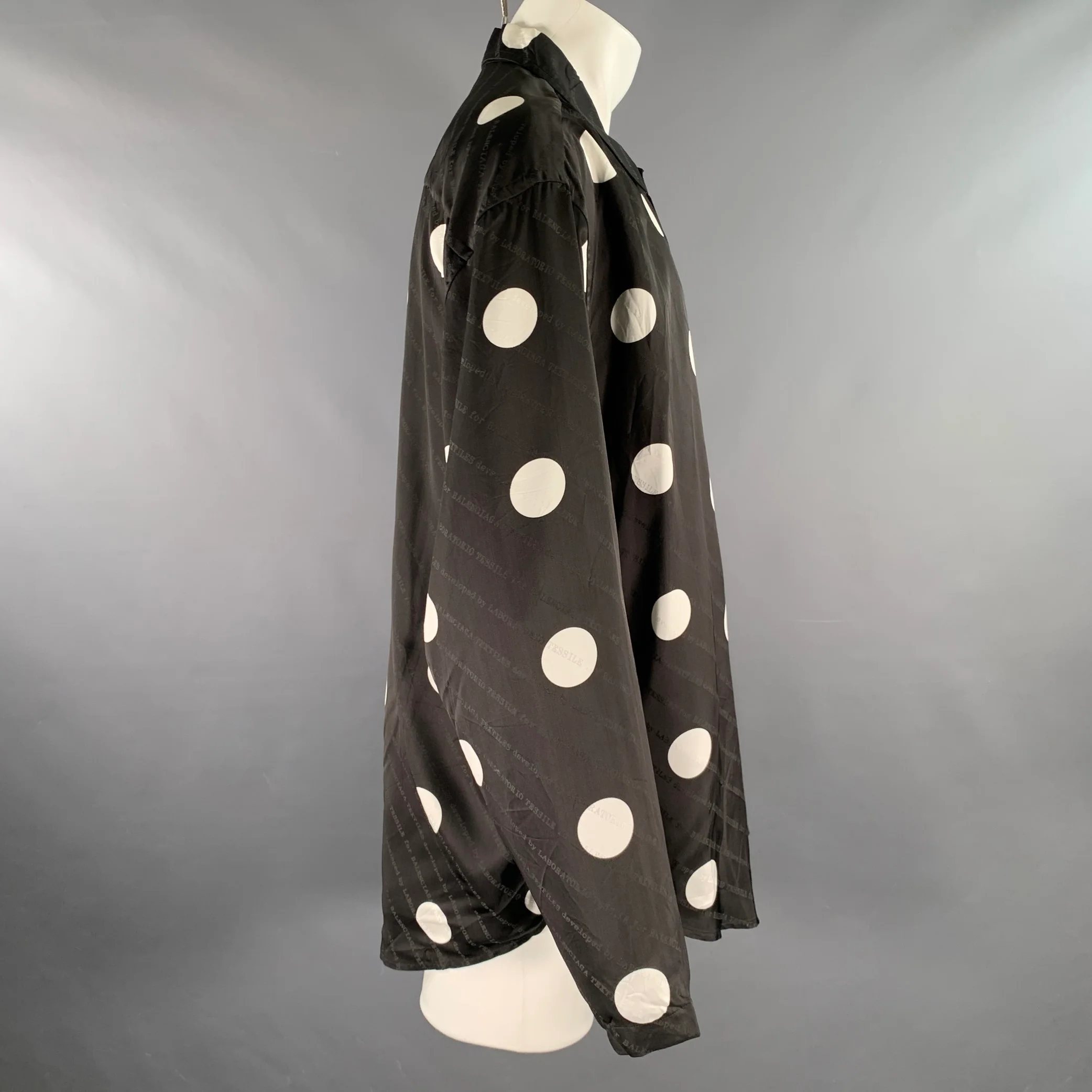 BALENCIAGA Size M Black White Polka Dot Viscose Silk Long Sleeve Shirt - Image 3