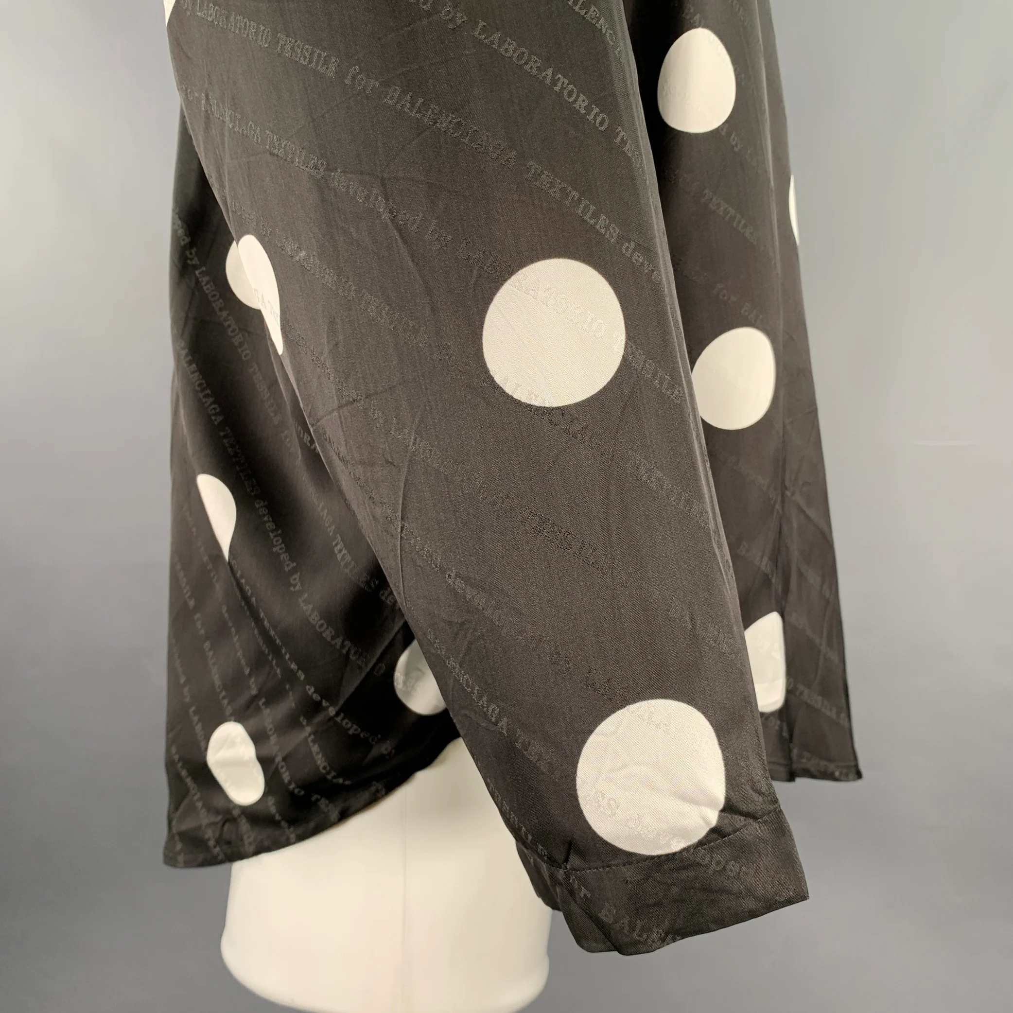 BALENCIAGA Size M Black White Polka Dot Viscose Silk Long Sleeve Shirt - Image 5