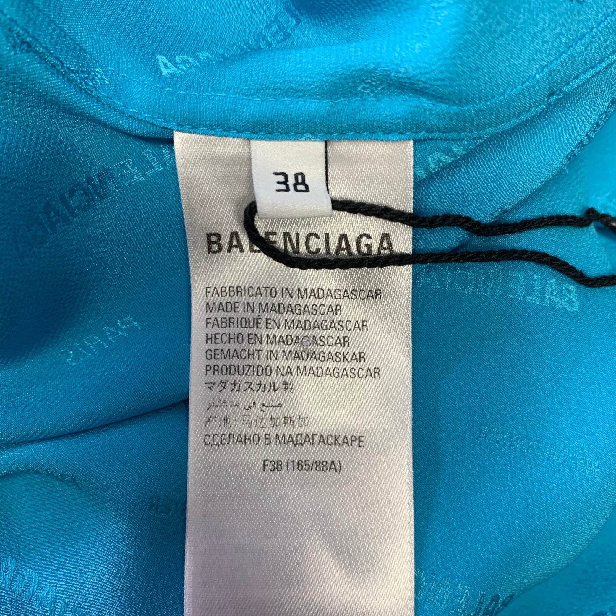 BALENCIAGA Size M Blue Aqua Monogram Silk Button Down Long Sleeve Shirt - Image 6