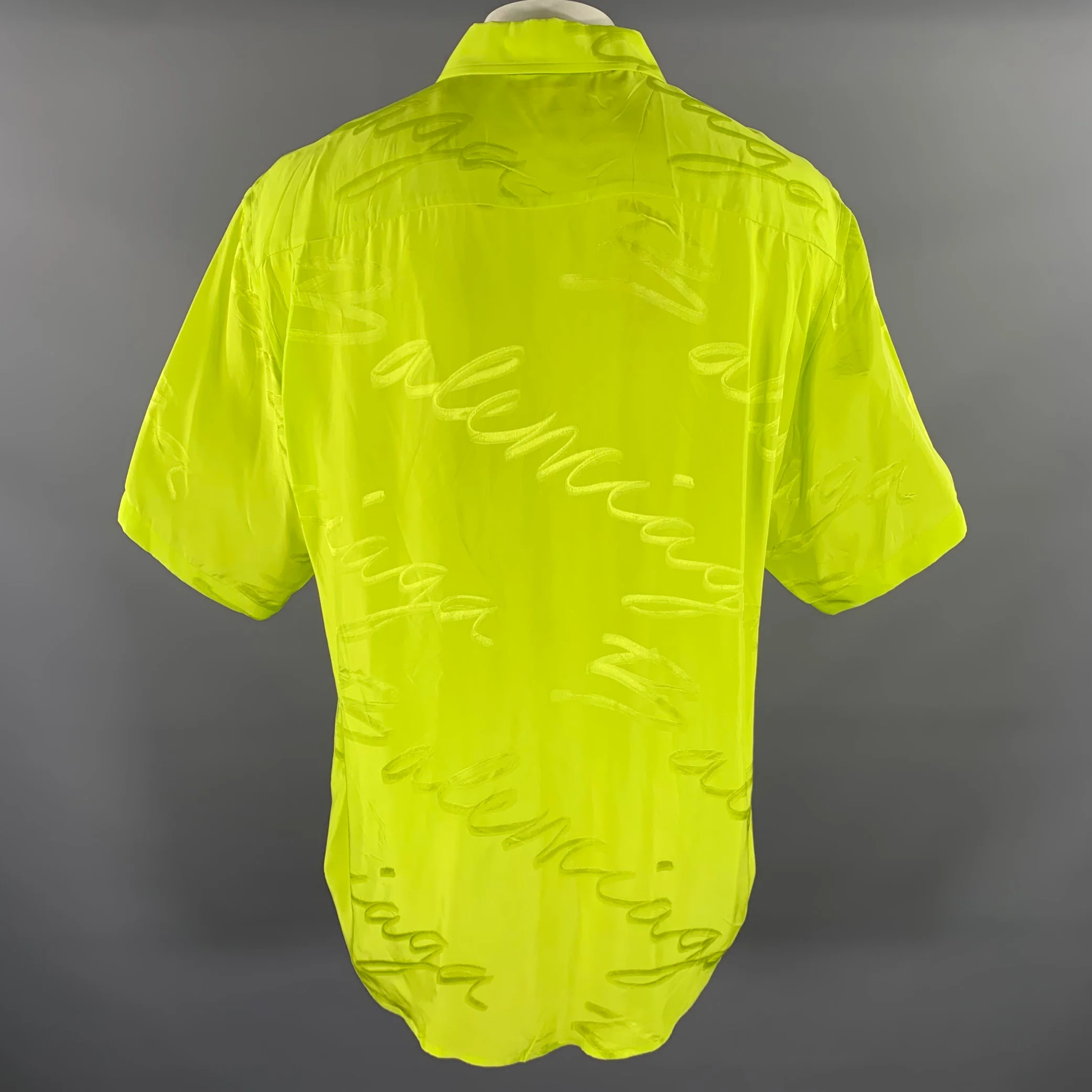 BALENCIAGA Size M Green Monogram Viscose Button Up Short Sleeve Shirt - Image 4
