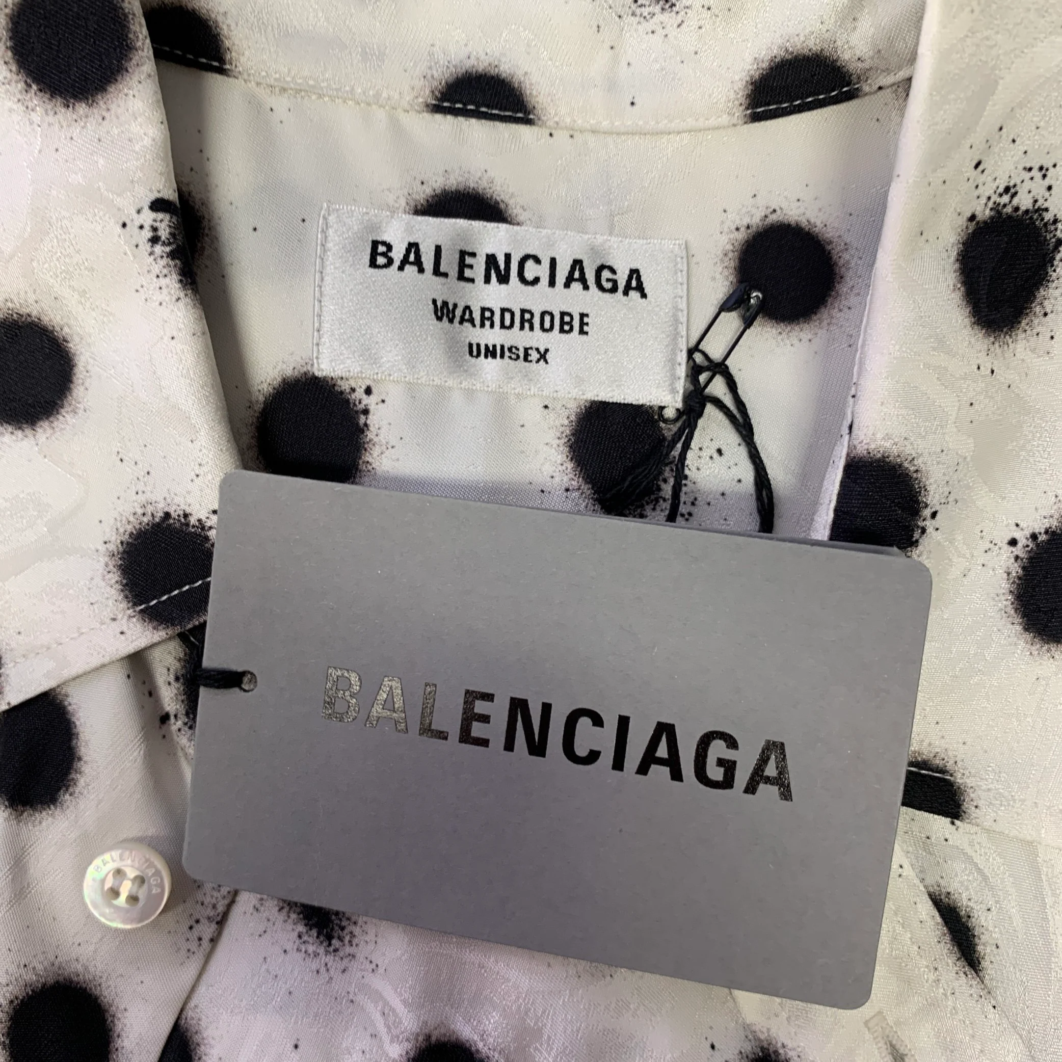 BALENCIAGA Size M White Black Polka Dot Viscose Silk Long Sleeve Shirt - Image 5