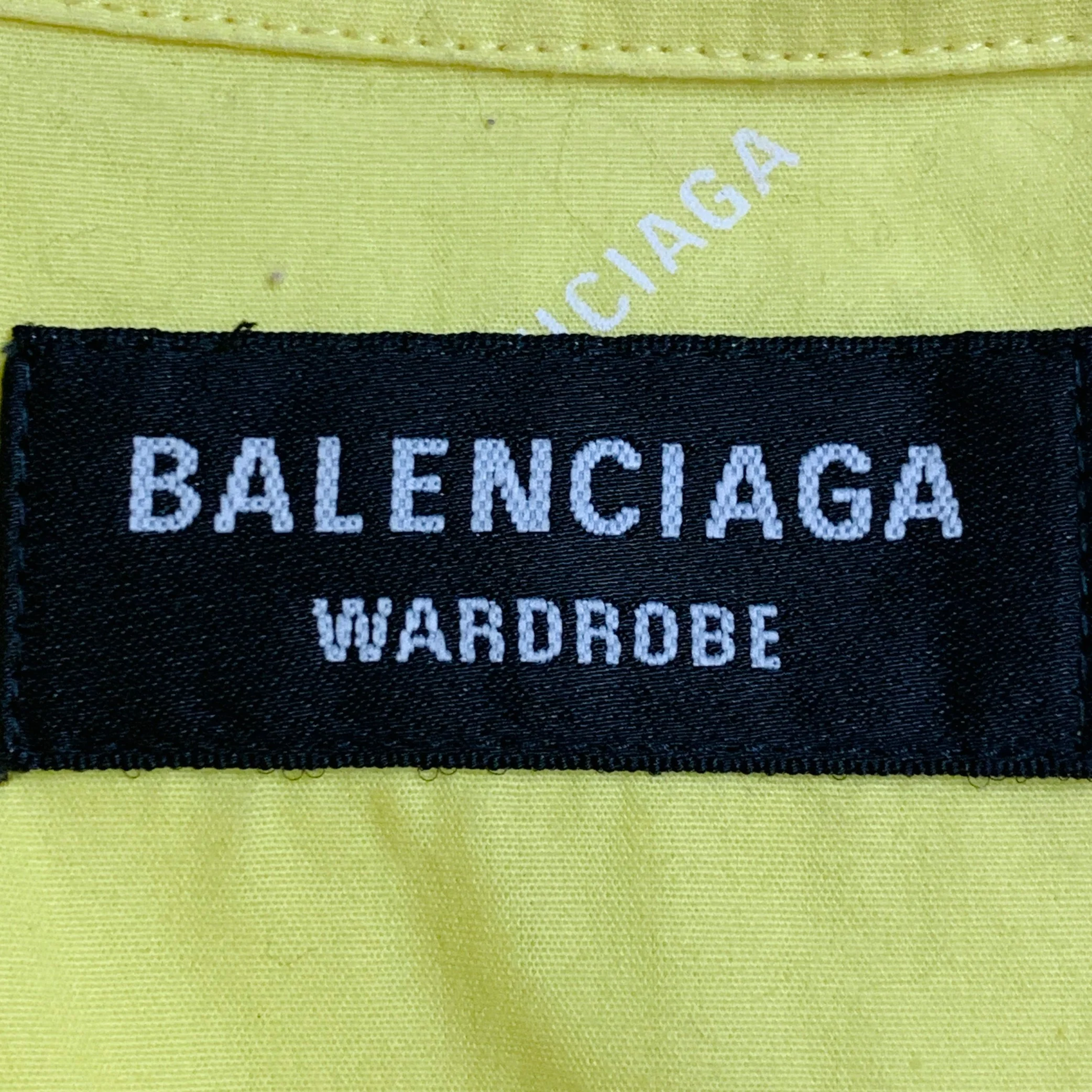 BALENCIAGA Size M Yellow White Logo Cotton Button Down Collar One Pocket Oversized Short Sleeve Shirt - Image 9