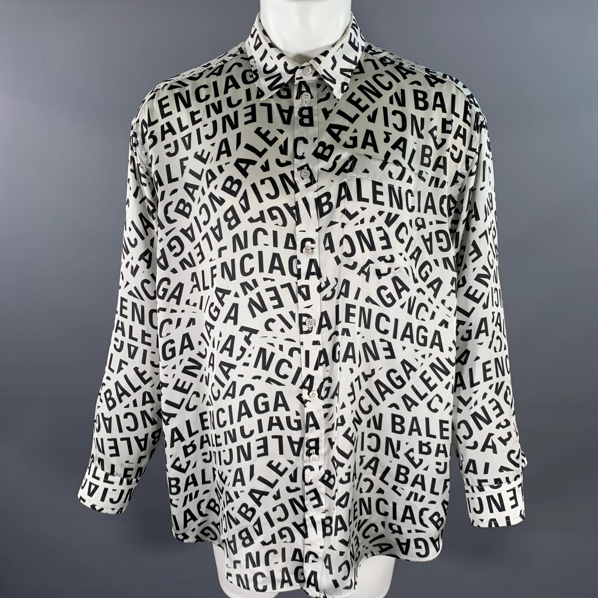 BALENCIAGA Size S Black White Monogram Polyester Button Up Long Sleeve Shirt