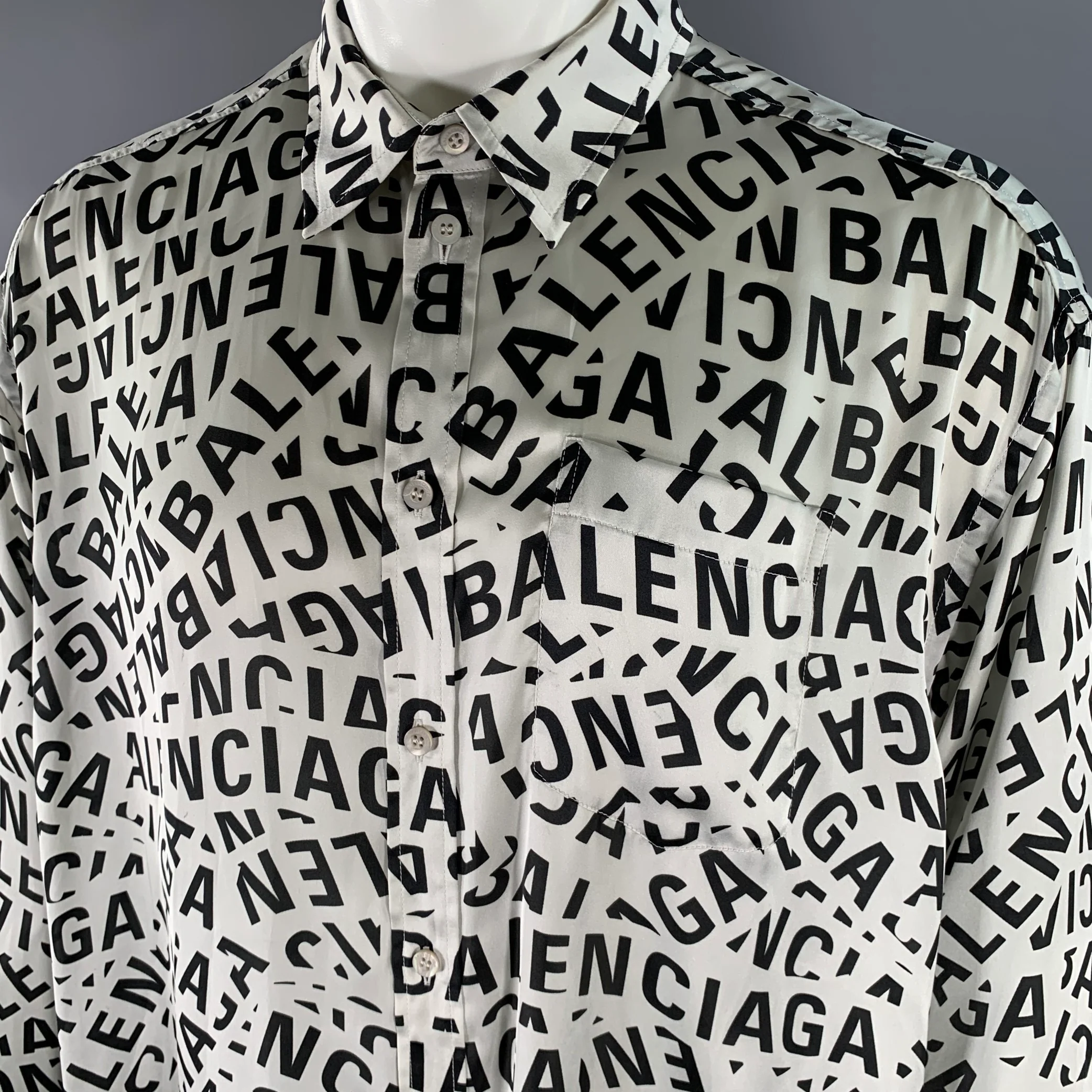 BALENCIAGA Size S Black White Monogram Polyester Button Up Long Sleeve Shirt - Image 2