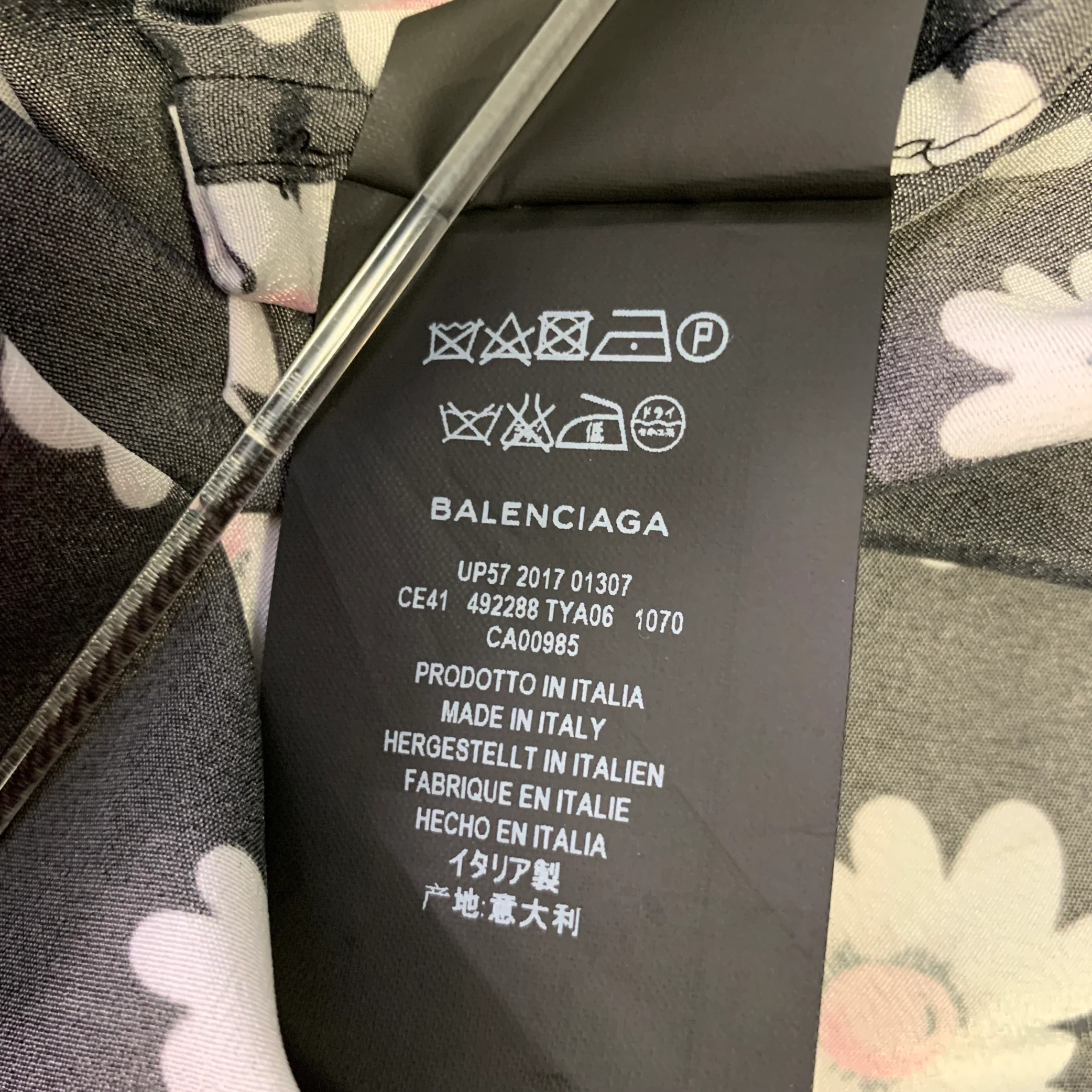 BALENCIAGA Size S Black & White Pink Floral Polyester Long Sleeve Shirt - Image 7