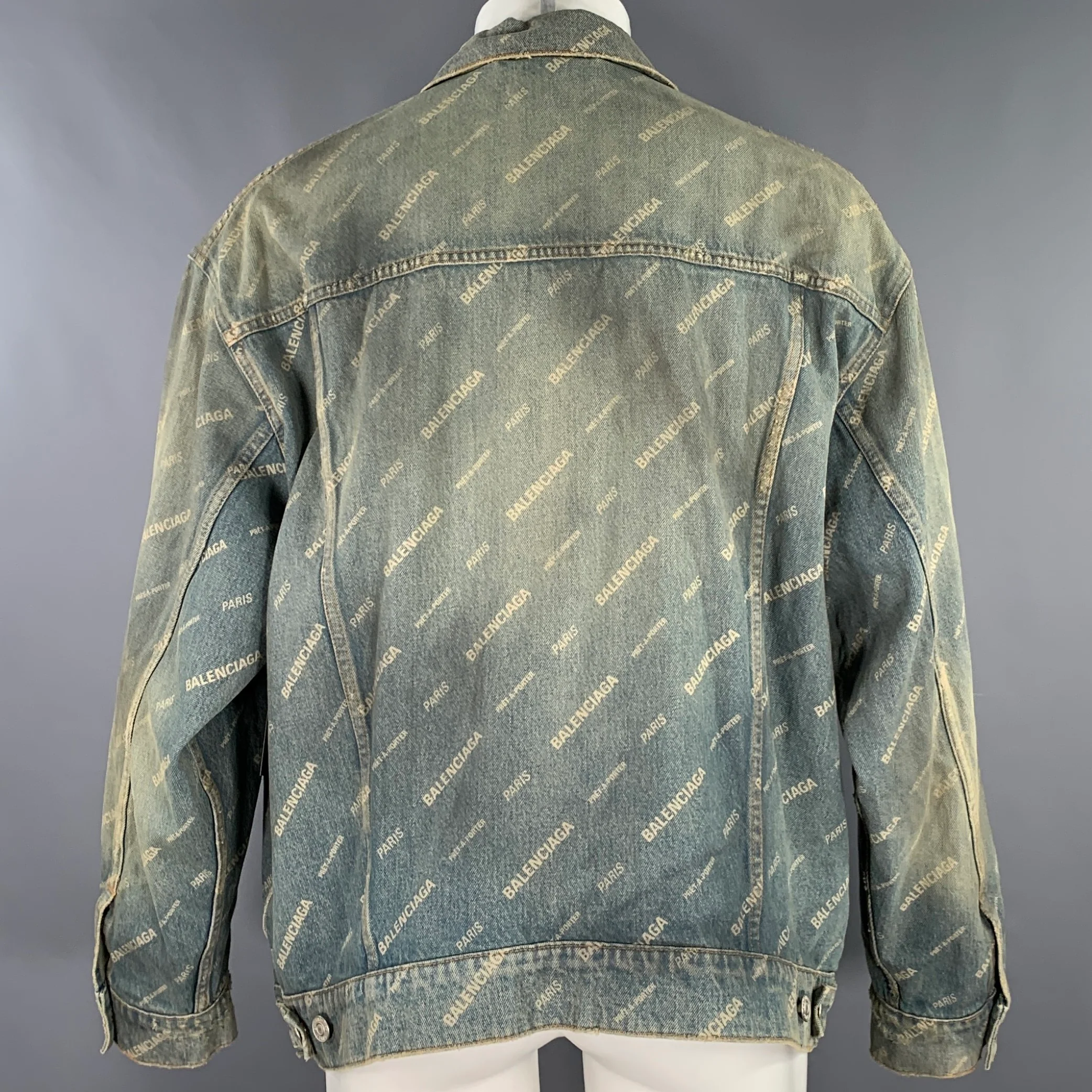 BALENCIAGA Size S Blue Monogram Denim Trucker Jacket - Image 4