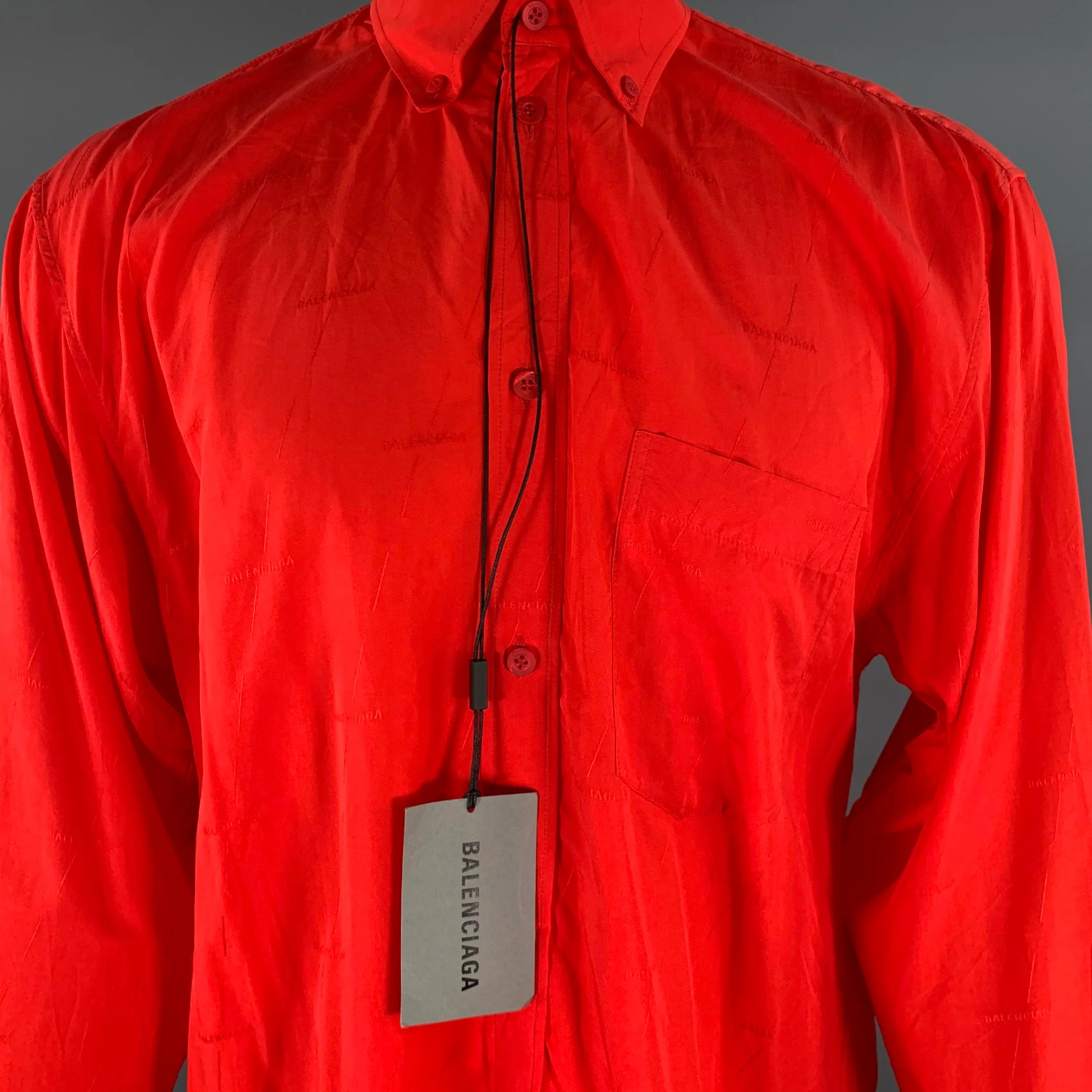BALENCIAGA Size S Red Monogram Lyocell Button Down Long Sleeve Shirt - Image 2