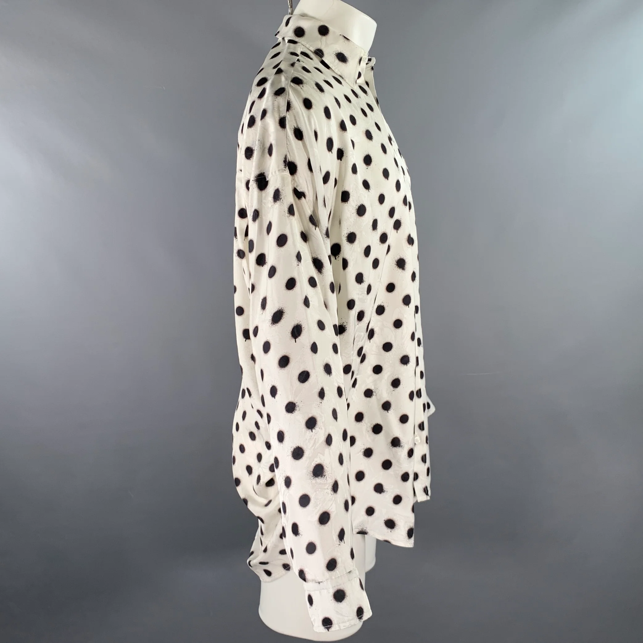 BALENCIAGA Size S White Black Polka Dot Viscose Silk Long Sleeve Shirt - Image 3