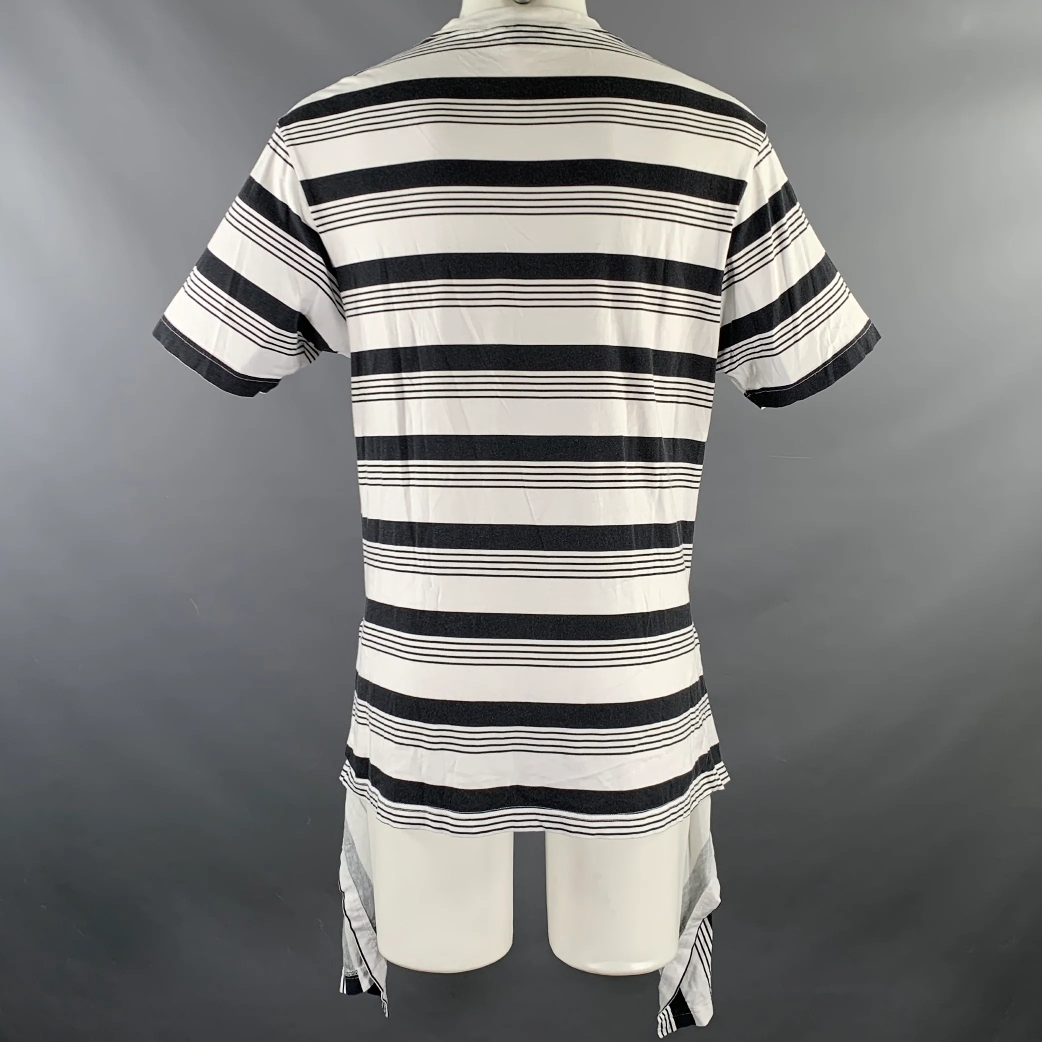 BALENCIAGA Size S White Black Stripe Cotton Cape T-shirt - Image 4