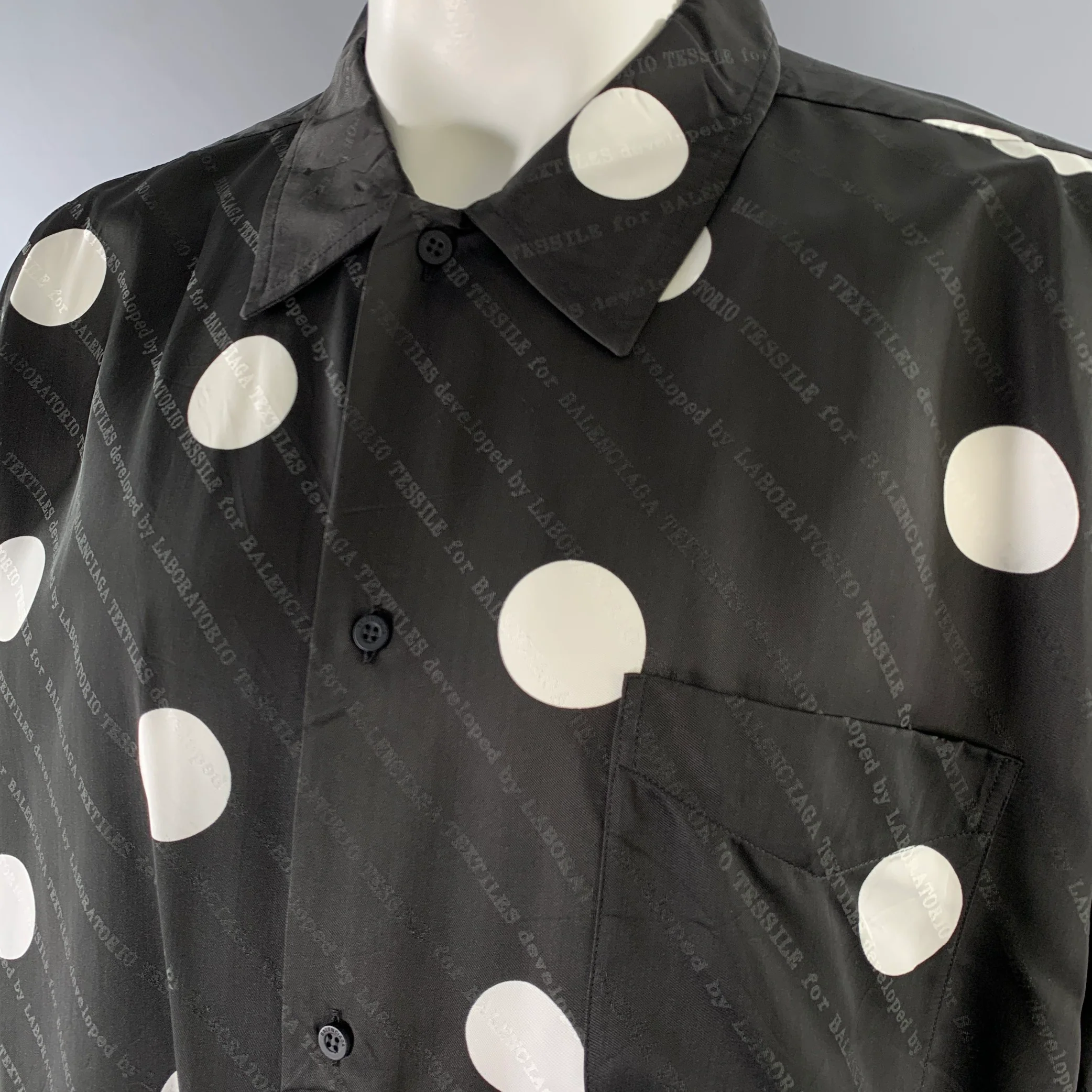 BALENCIAGA Size XL Black White Polka Dot Viscose Silk Long Sleeve Shirt - Image 2
