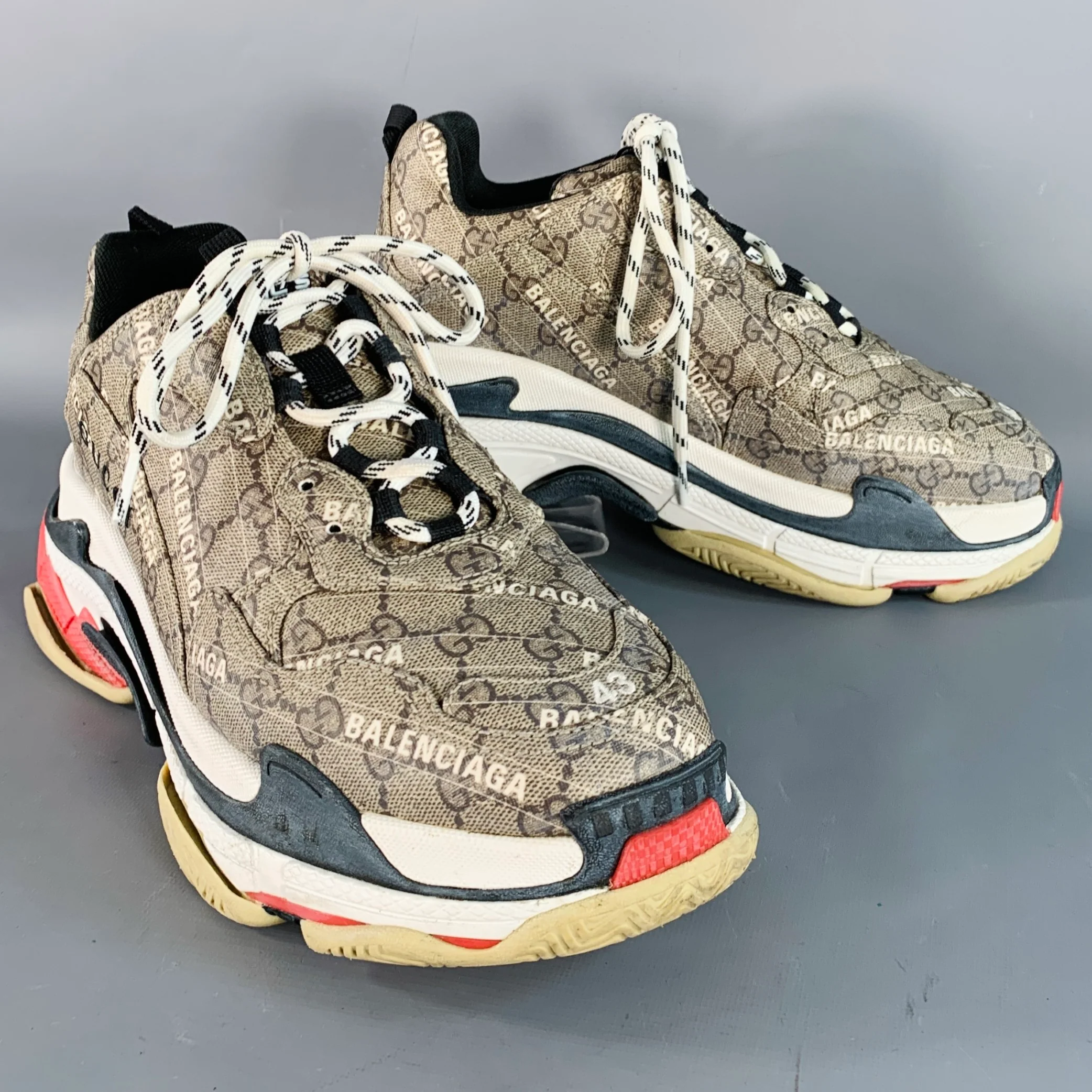 BALENCIAGA x GUCCI Size 10 Triple S Brown White Logo Chunky Sole Sneakers