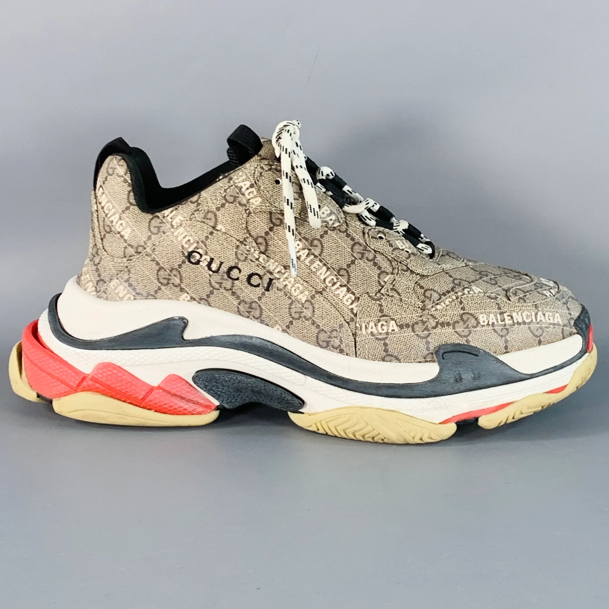 BALENCIAGA x GUCCI Size 10 Triple S Brown White Logo Chunky Sole Sneakers - Image 2