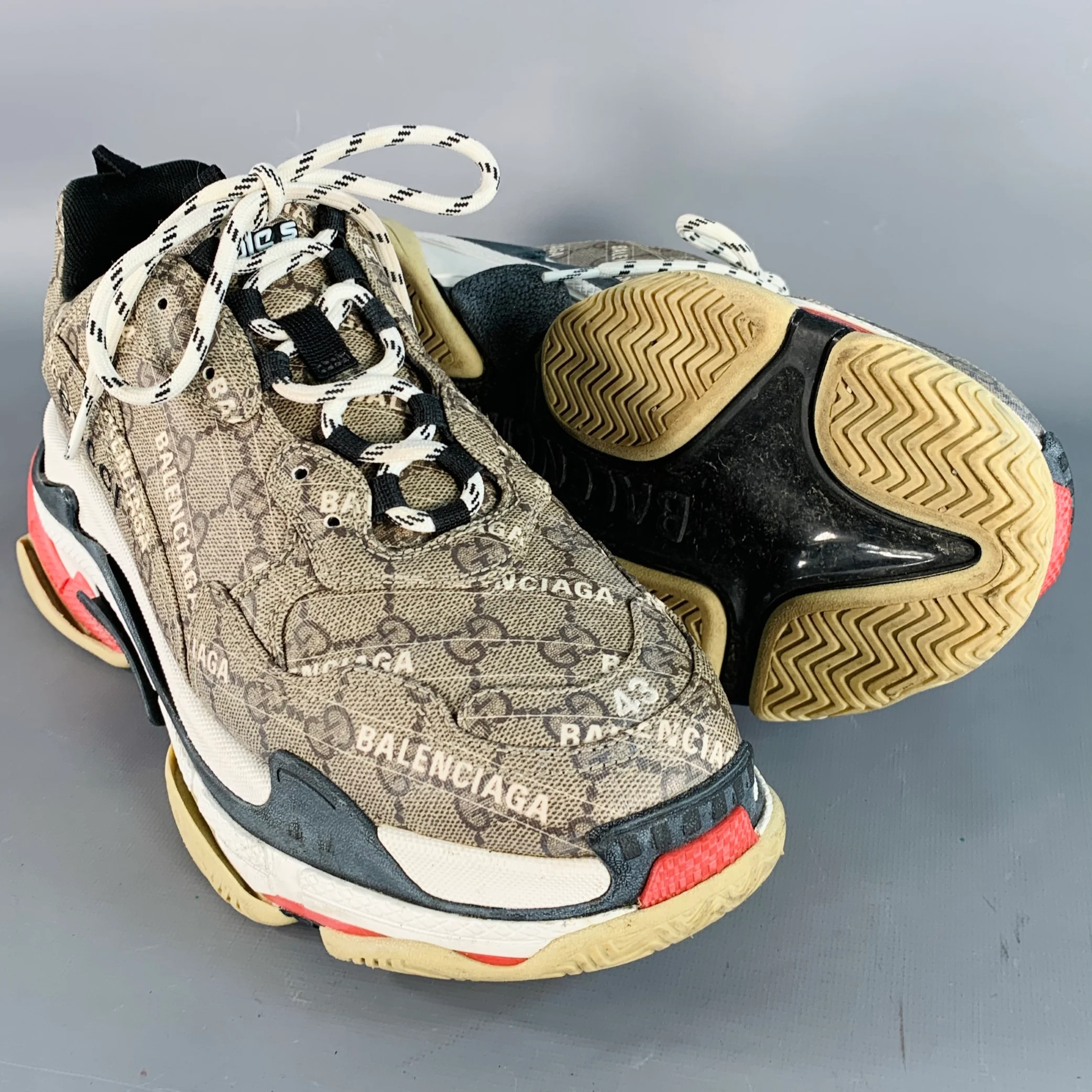 BALENCIAGA x GUCCI Size 10 Triple S Brown White Logo Chunky Sole Sneakers - Image 5