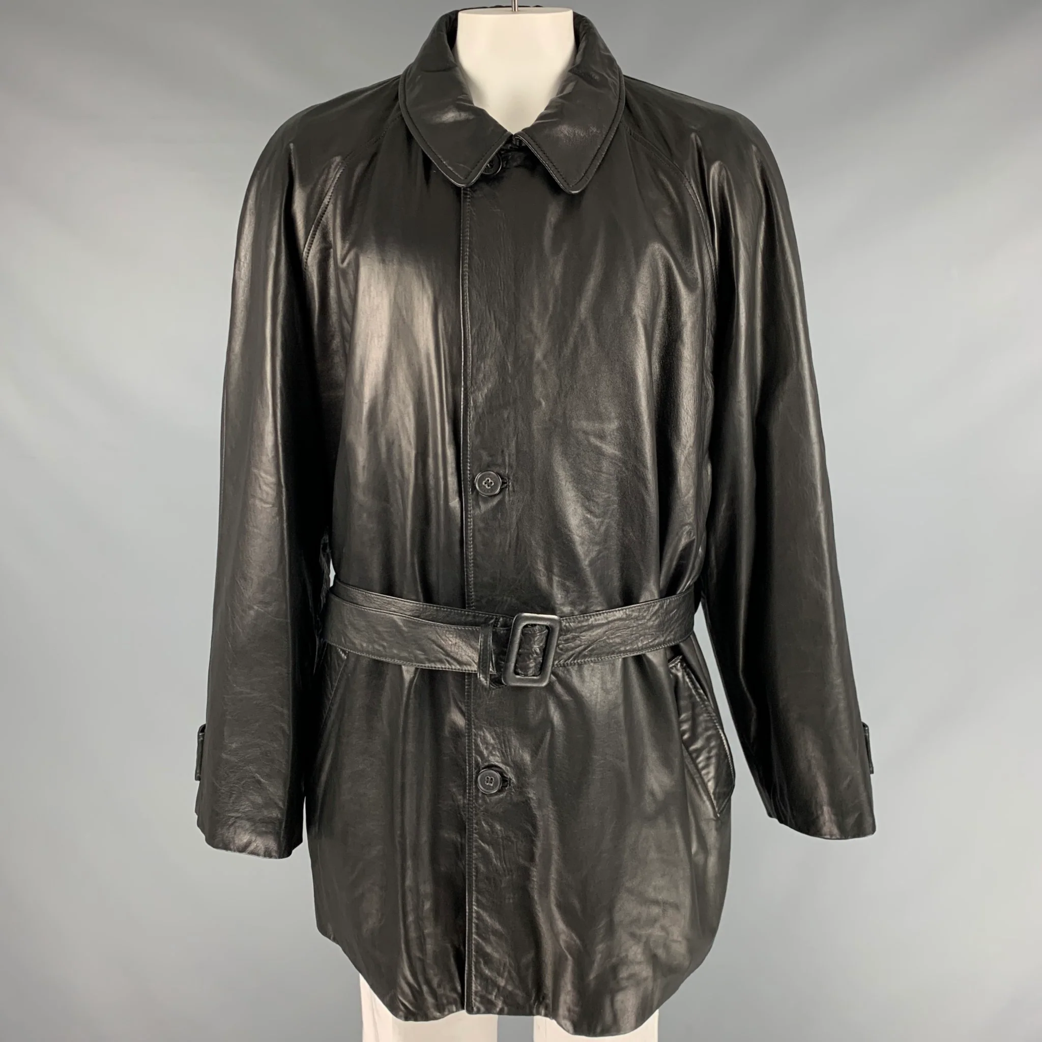 BALLY Size 48 Black Leather Zip Buttons Coat