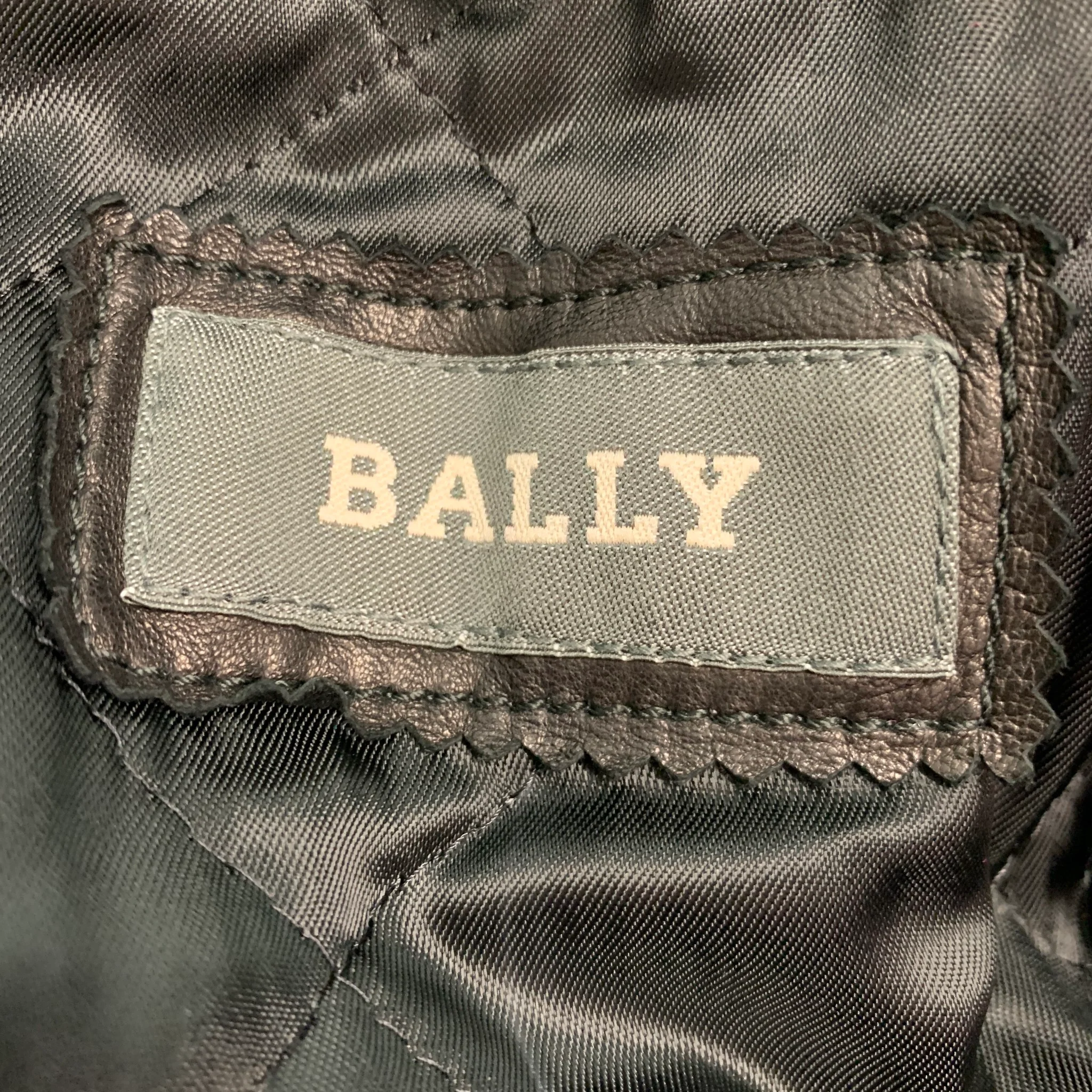 BALLY Size 48 Black Leather Zip Buttons Coat - Image 5