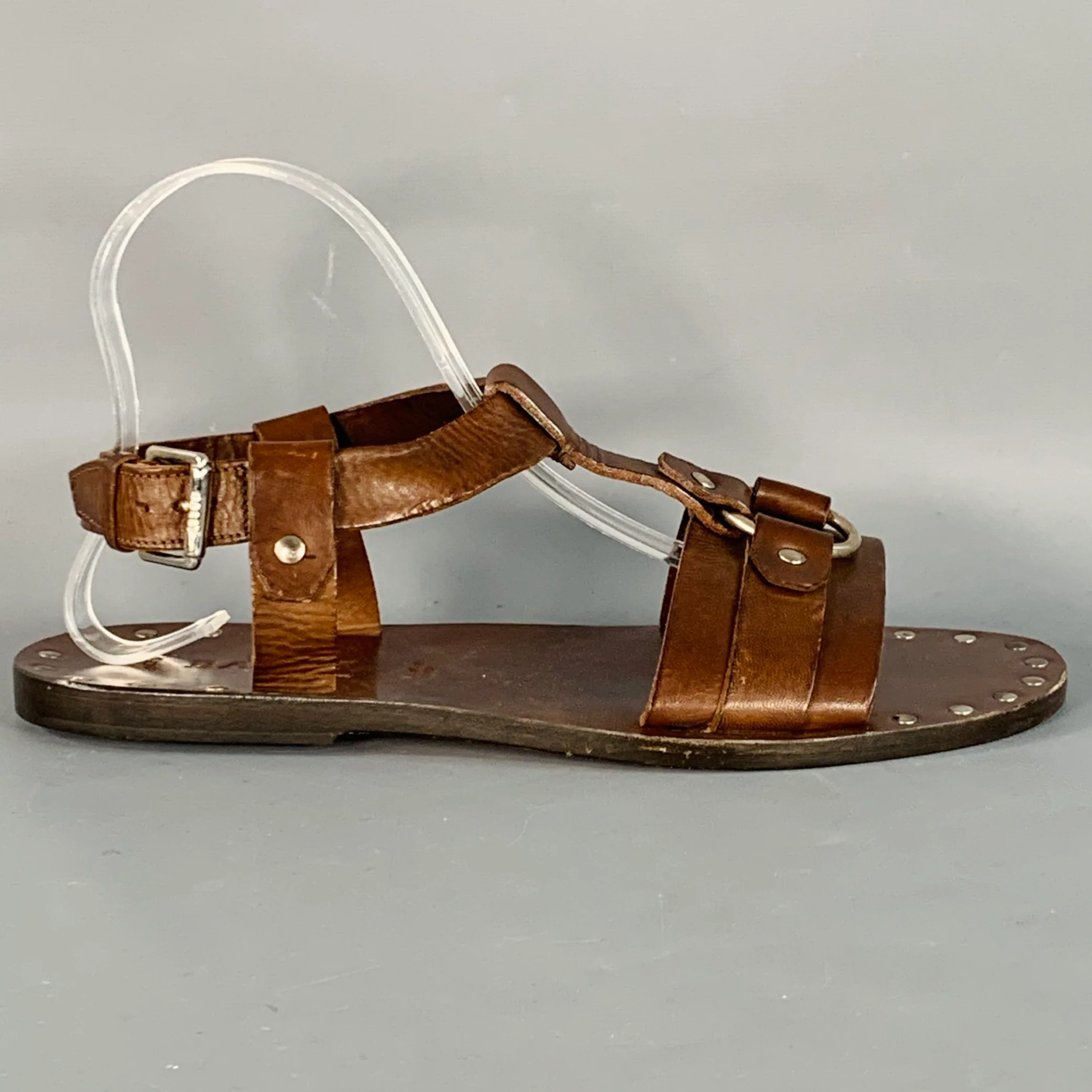 BALLY Size 6.5 Lurago Brown Silver Leather Studded Sandals - Image 2