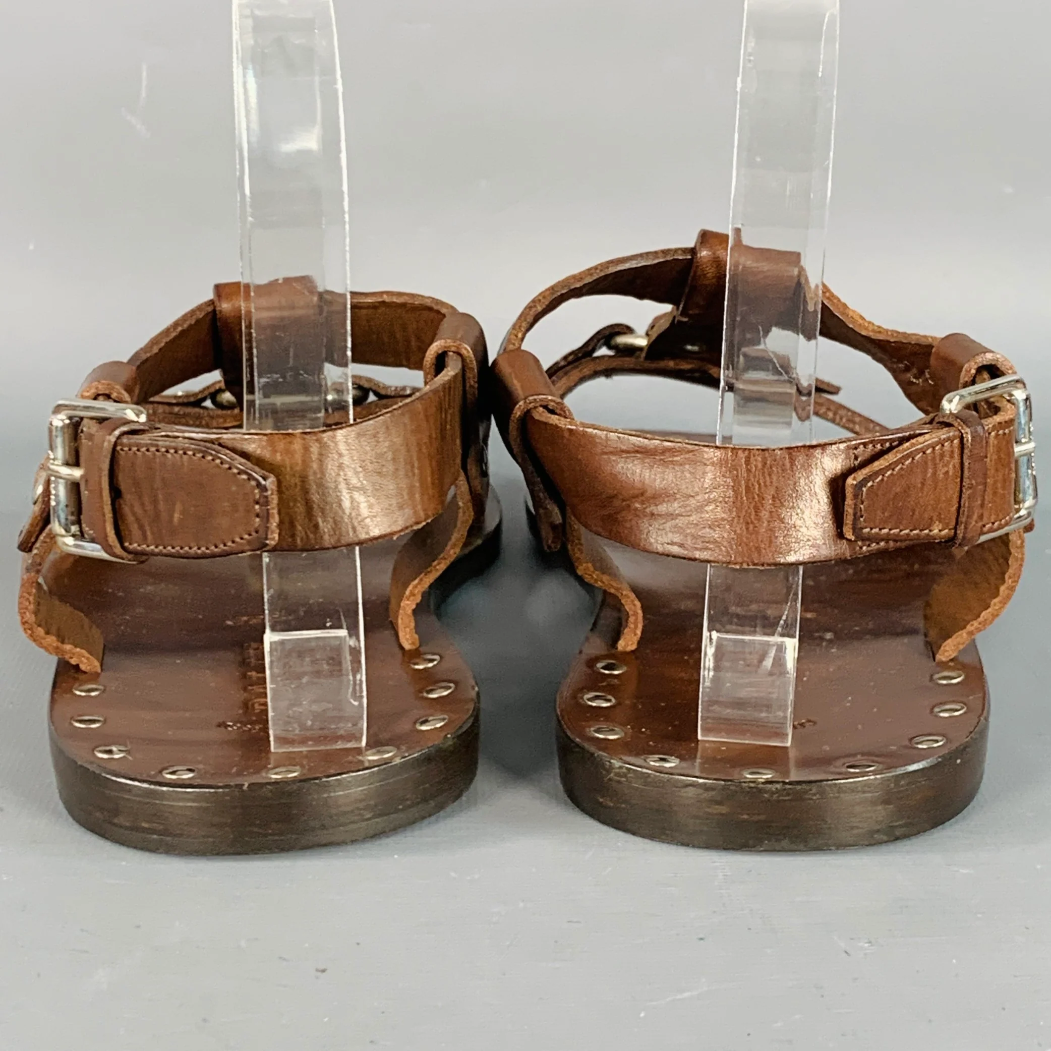 BALLY Size 6.5 Lurago Brown Silver Leather Studded Sandals - Image 3