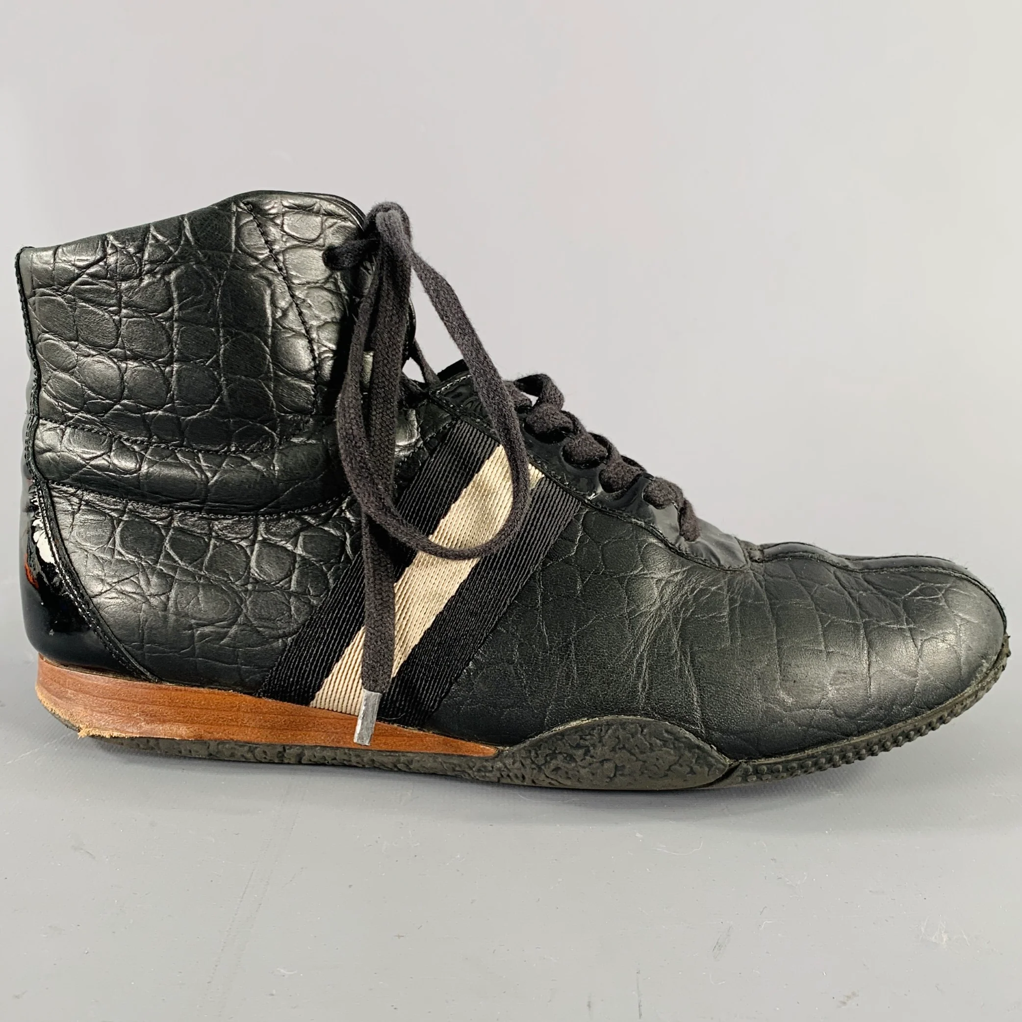 BALLY Size 7 -Frendy- Black White Ribbon Trim Leather High Top Sneakers - Image 2
