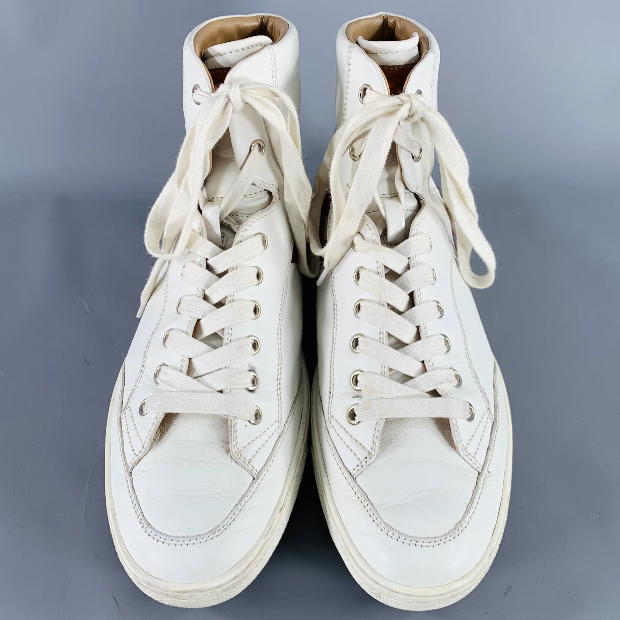 BALLY Size 8.5 -Oldani- White Red Ribbon Trim Leather High Top Sneakers - Image 4