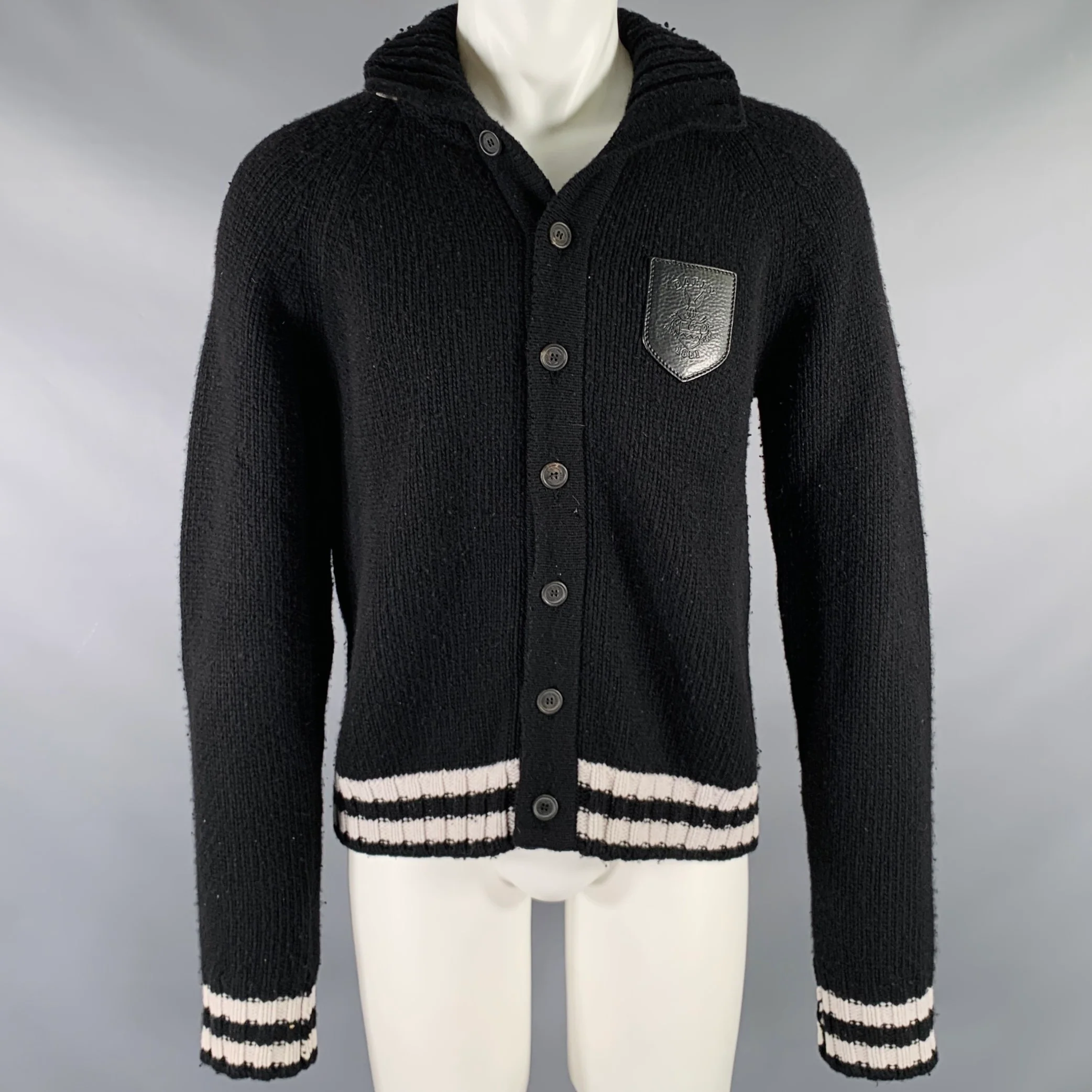 BALLY Size M Black White Knit Merino Wool Button Down Cardigan