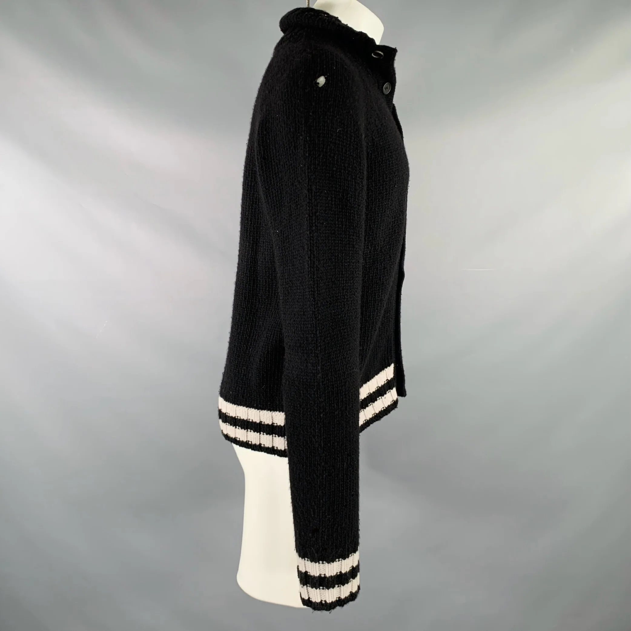 BALLY Size M Black White Knit Merino Wool Button Down Cardigan - Image 3