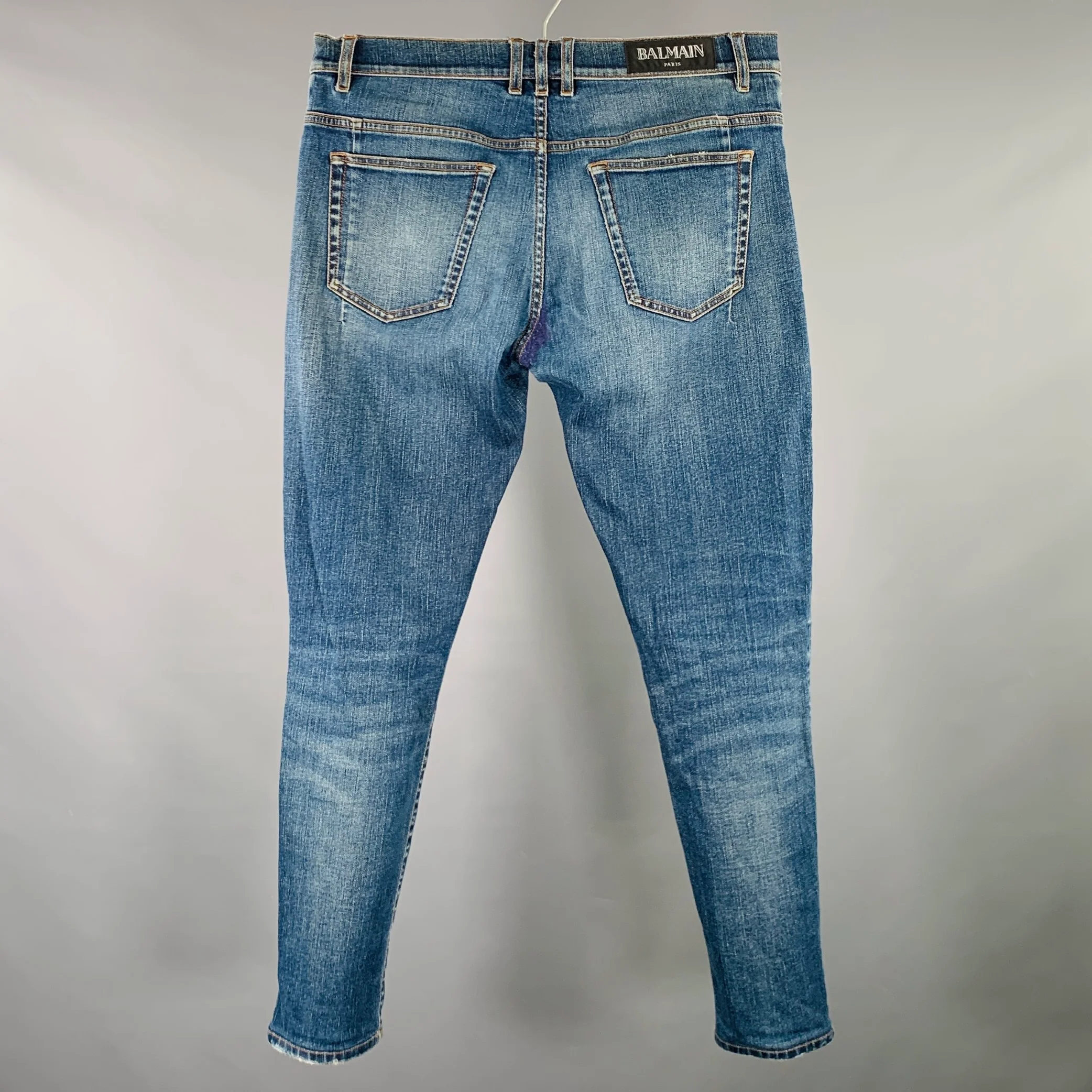 BALMAIN Size 32 Blue Contrast Stitch Cotton Blend Button Fly Jeans - Image 2