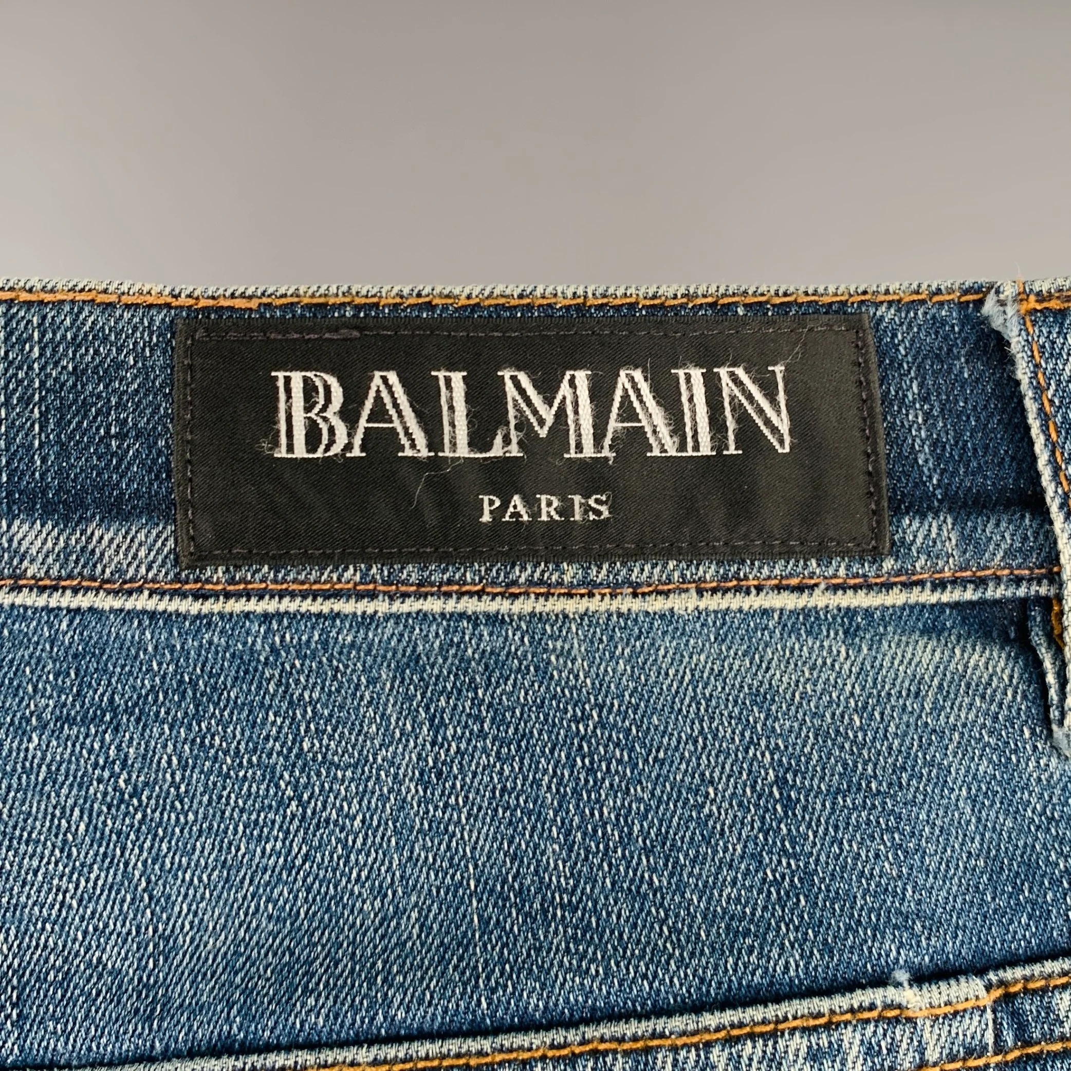 BALMAIN Size 32 Blue Contrast Stitch Cotton Blend Button Fly Jeans - Image 3