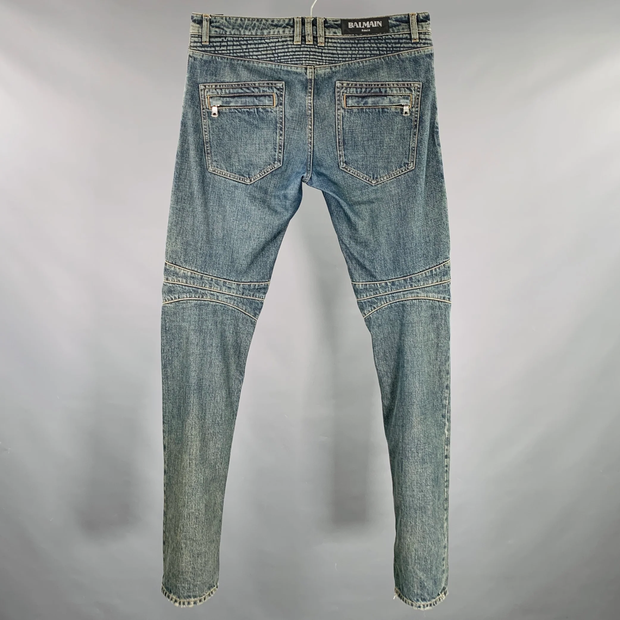 BALMAIN Size 32 Blue Cotton Motorcycle Jeans - Image 4