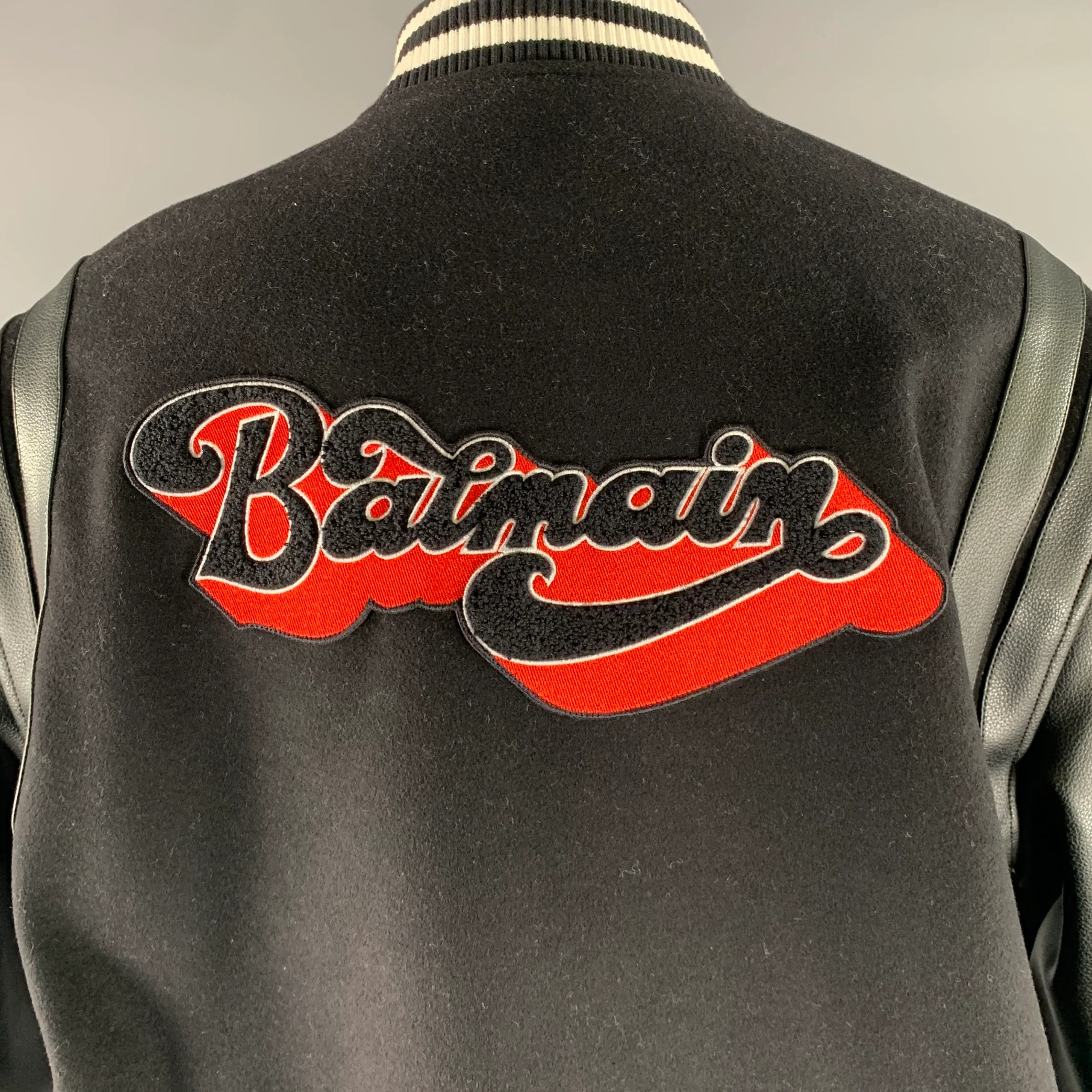 BALMAIN Size 40 Black Red White Patch Wool Faux Leather Varsity Jacket - Image 2