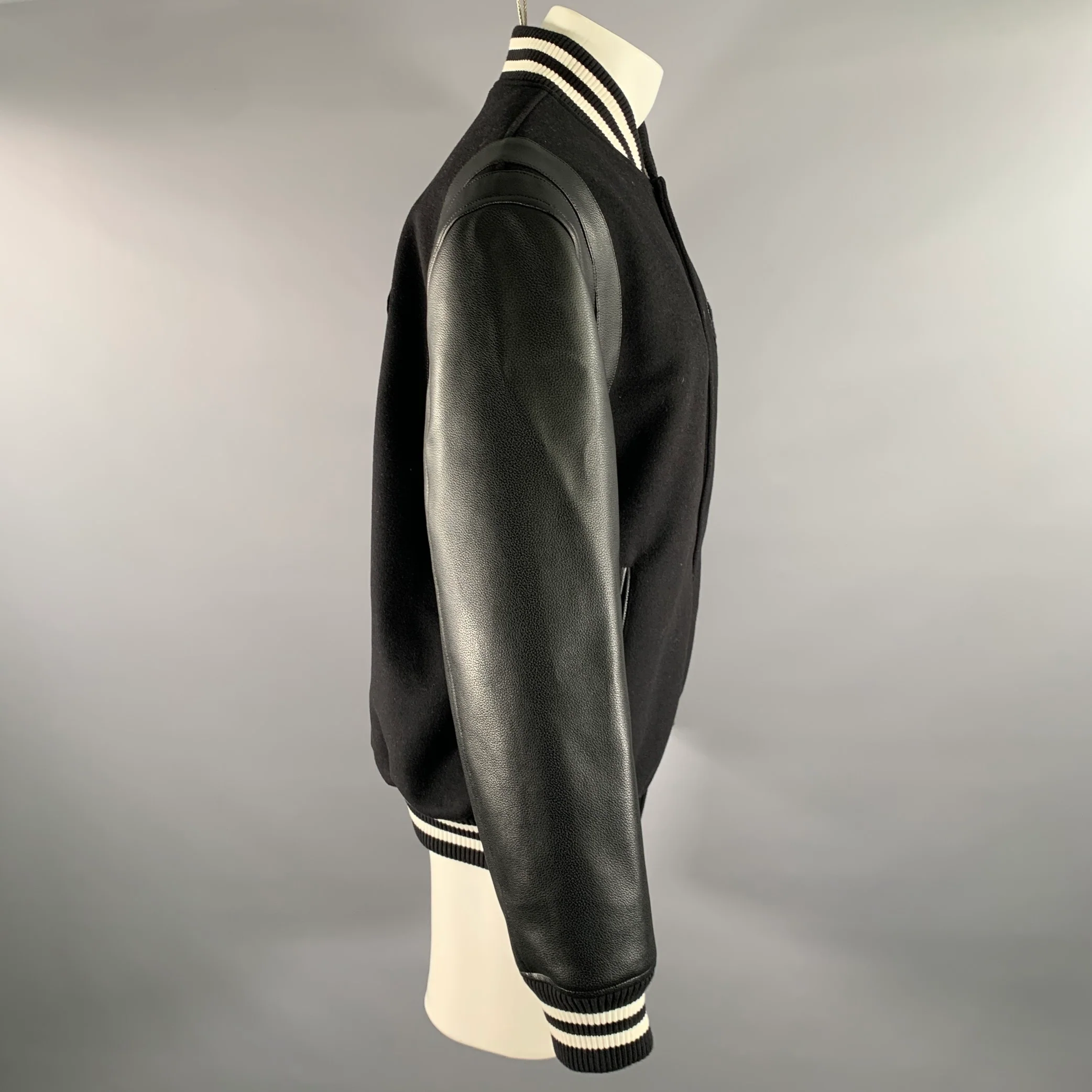 BALMAIN Size 40 Black Red White Patch Wool Faux Leather Varsity Jacket - Image 3