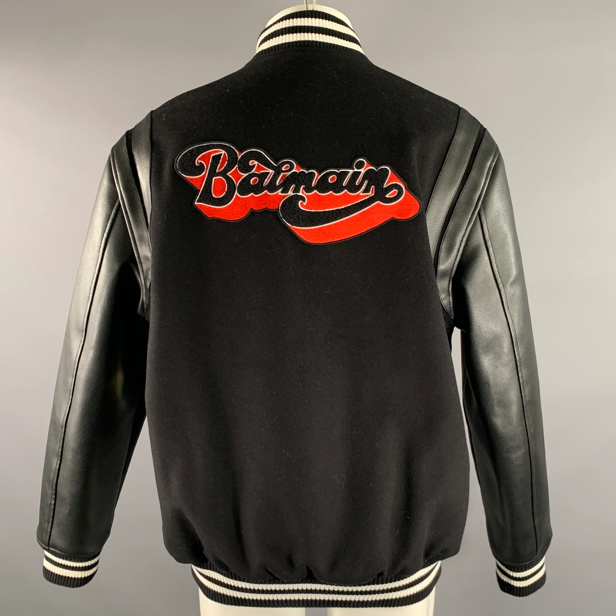 BALMAIN Size 40 Black Red White Patch Wool Faux Leather Varsity Jacket - Image 4