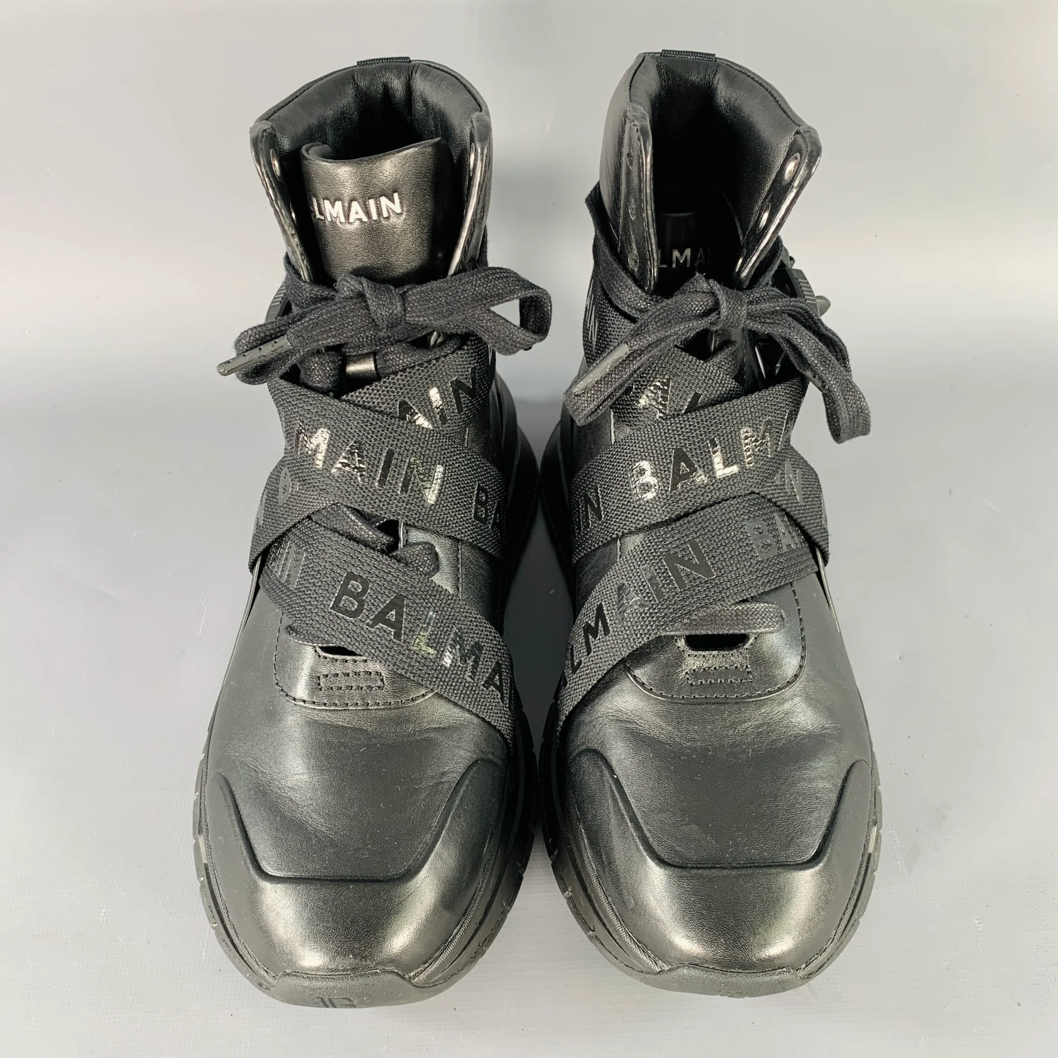 BALMAIN Size 6, B-Troop Black Leather High Top Webbing Sneakers - Image 4