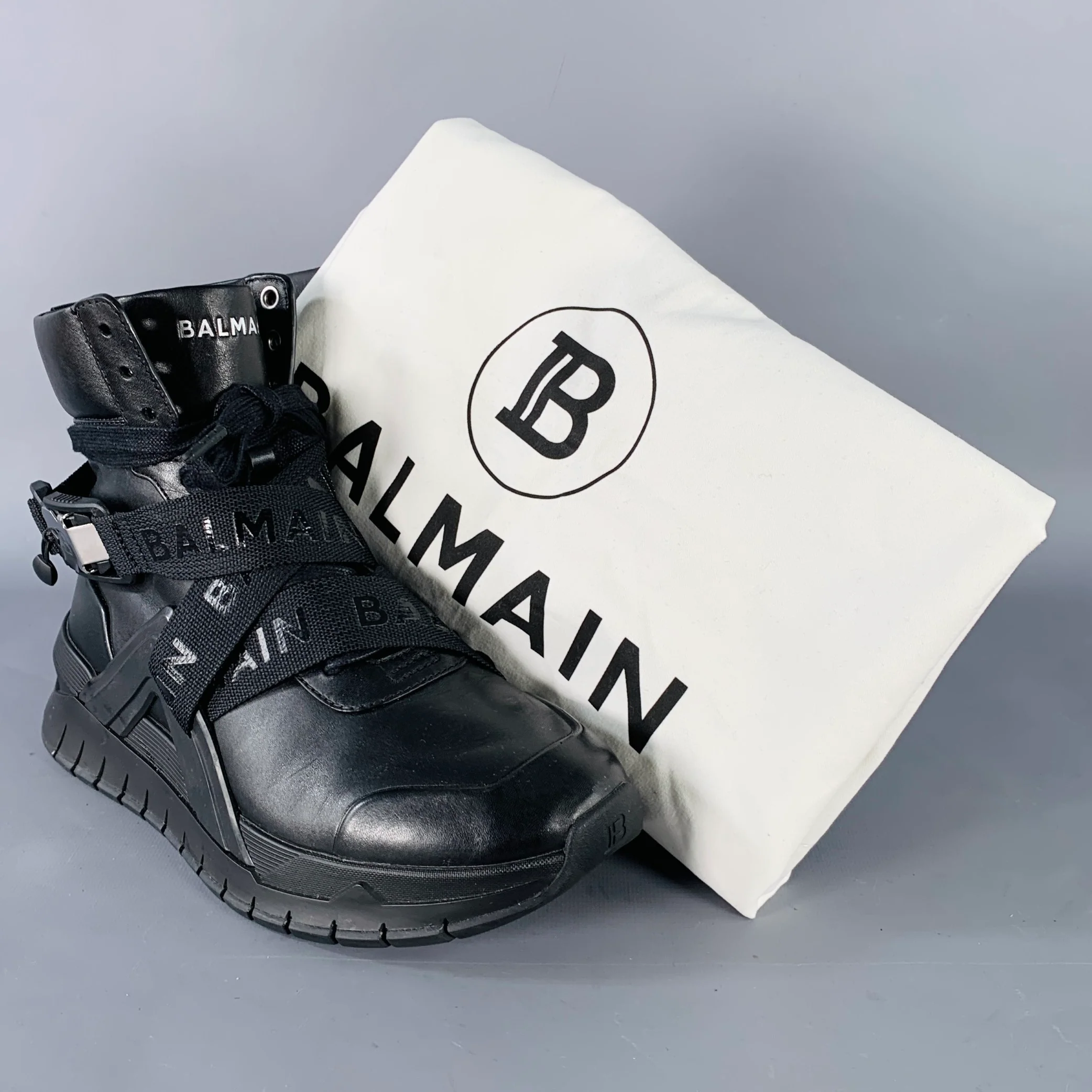 BALMAIN Size 6, B-Troop Black Leather High Top Webbing Sneakers - Image 9