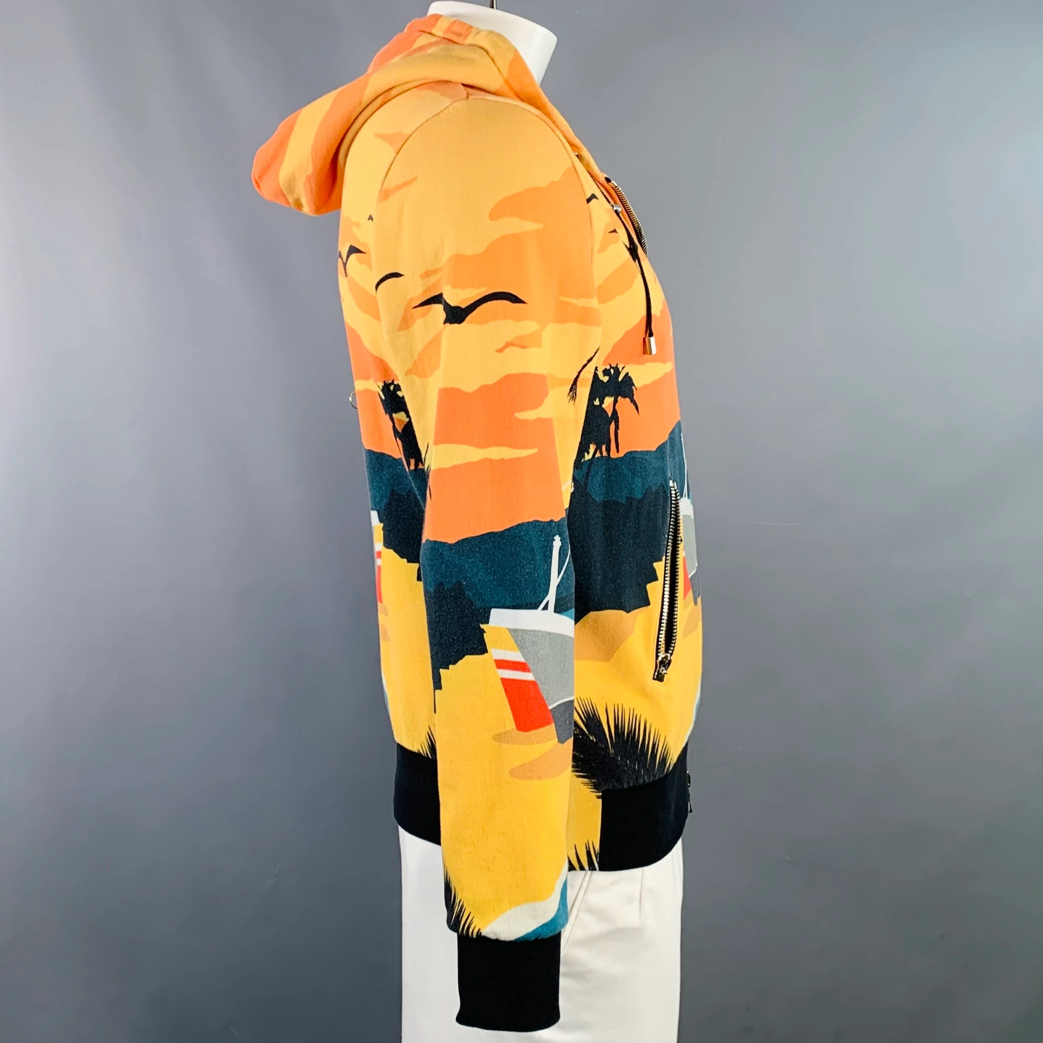 BALMAIN Size L Black Orange Blue Tropical Cotton Hooded Zip Up Sweatshirt - Image 3