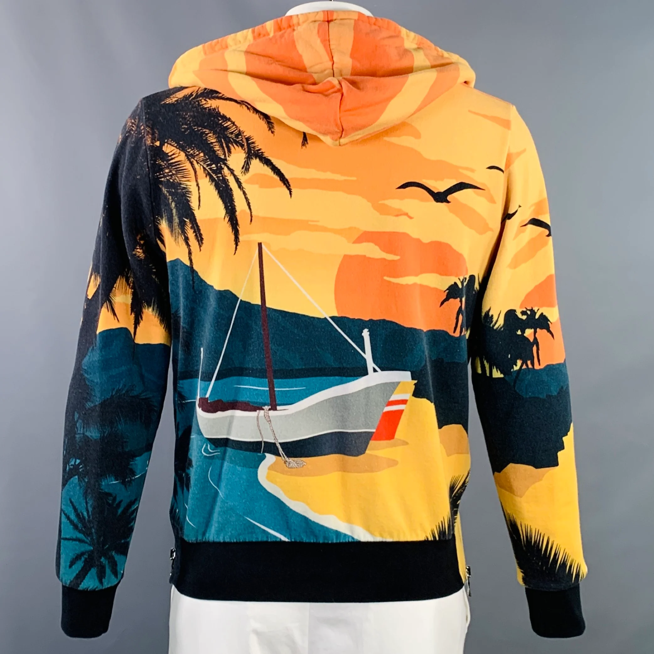 BALMAIN Size L Black Orange Blue Tropical Cotton Hooded Zip Up Sweatshirt - Image 4